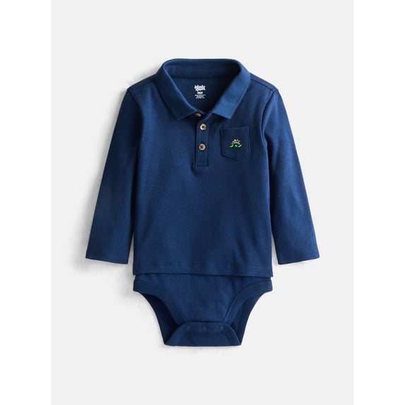 Wonder Nation Baby Boys' Cotton Polo Bodysuit with Long Sleeves, Sizes 0M-24M