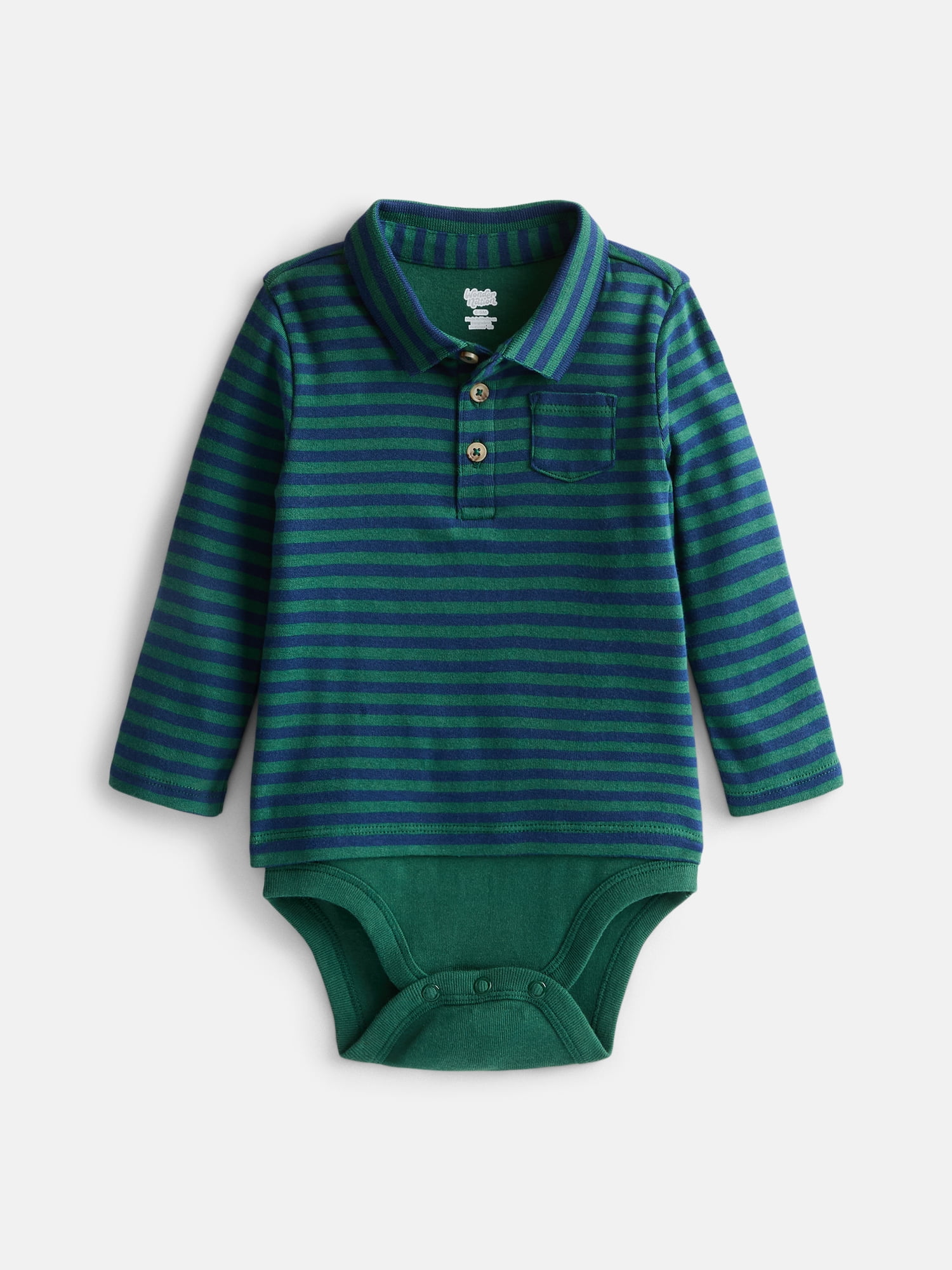 Wonder Nation Baby Boys' Striped Cotton Polo Bodysuit with Long Sleeves, Sizes 0M-24M