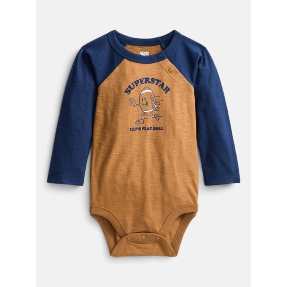 Wonder Nation Baby Boys' Graphic Cotton Bodysuit with Long Raglan Sleeves, Sizes 0M-24M