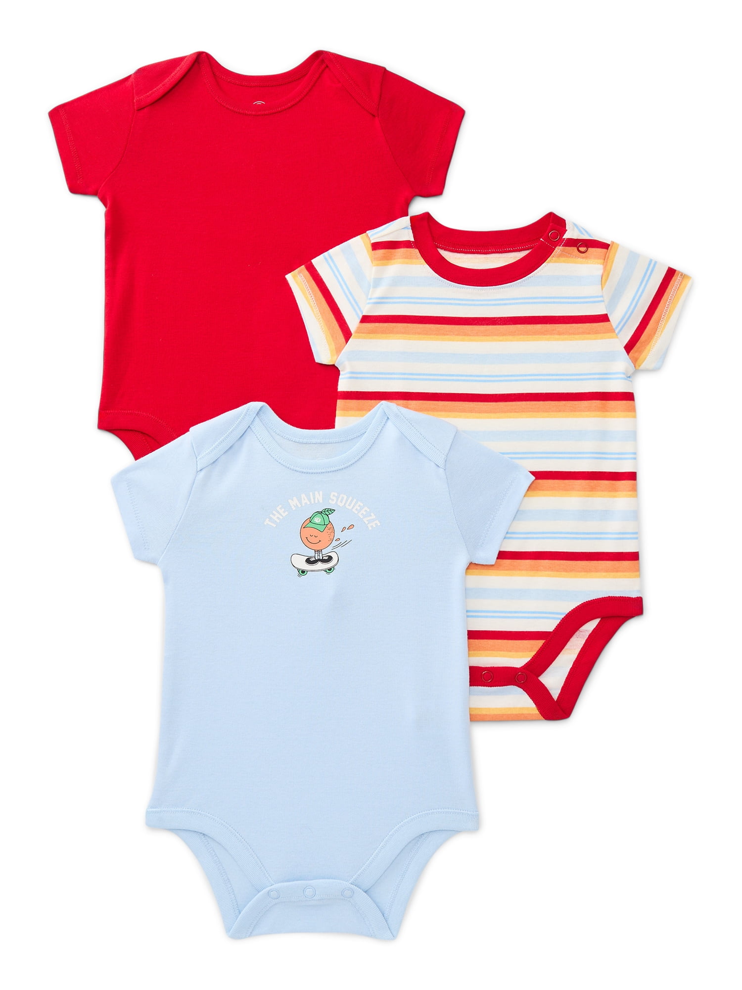 Wonder Nation Baby Boys Bodysuit with Short Sleeves, 3-Pack, Sizes 0-24M