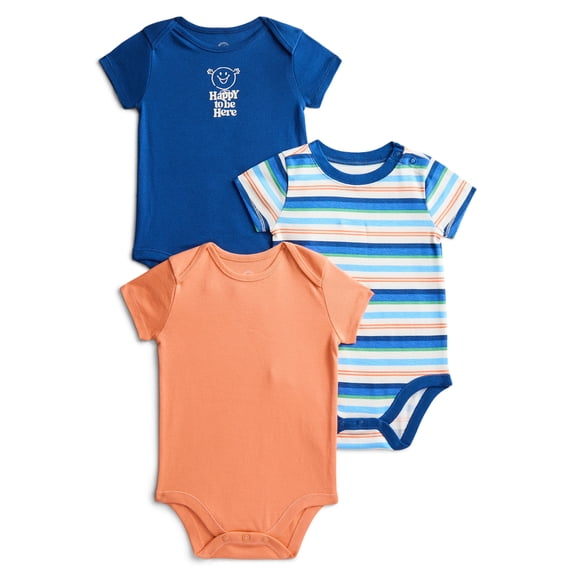 Wonder Nation Baby Boys Bodysuit with Short Sleeves, 3-Pack, Sizes 0-24 Months