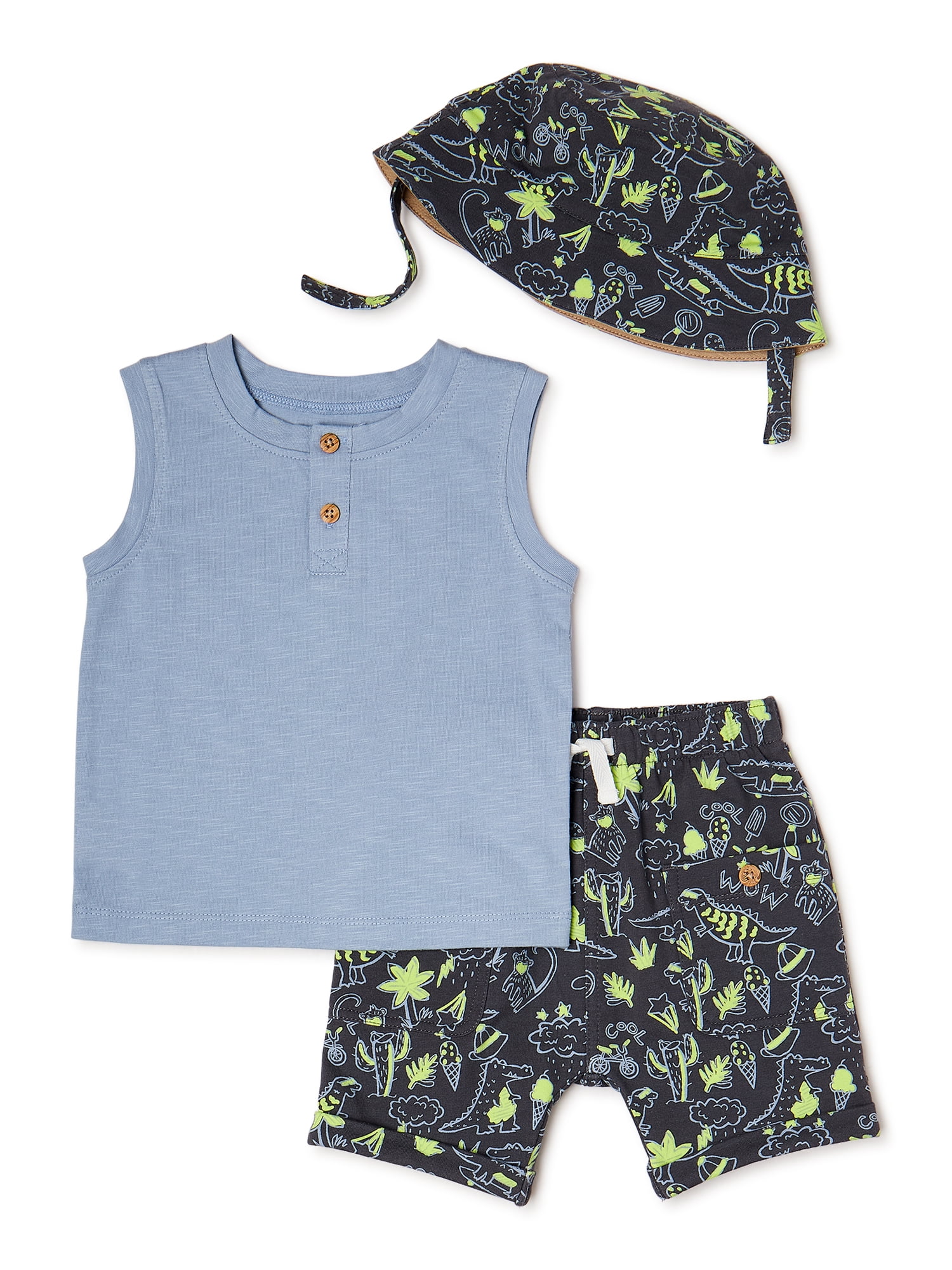 Wonder Nation Baby Boy Tank Top, Short, and Hat Outfit Set, 3pc