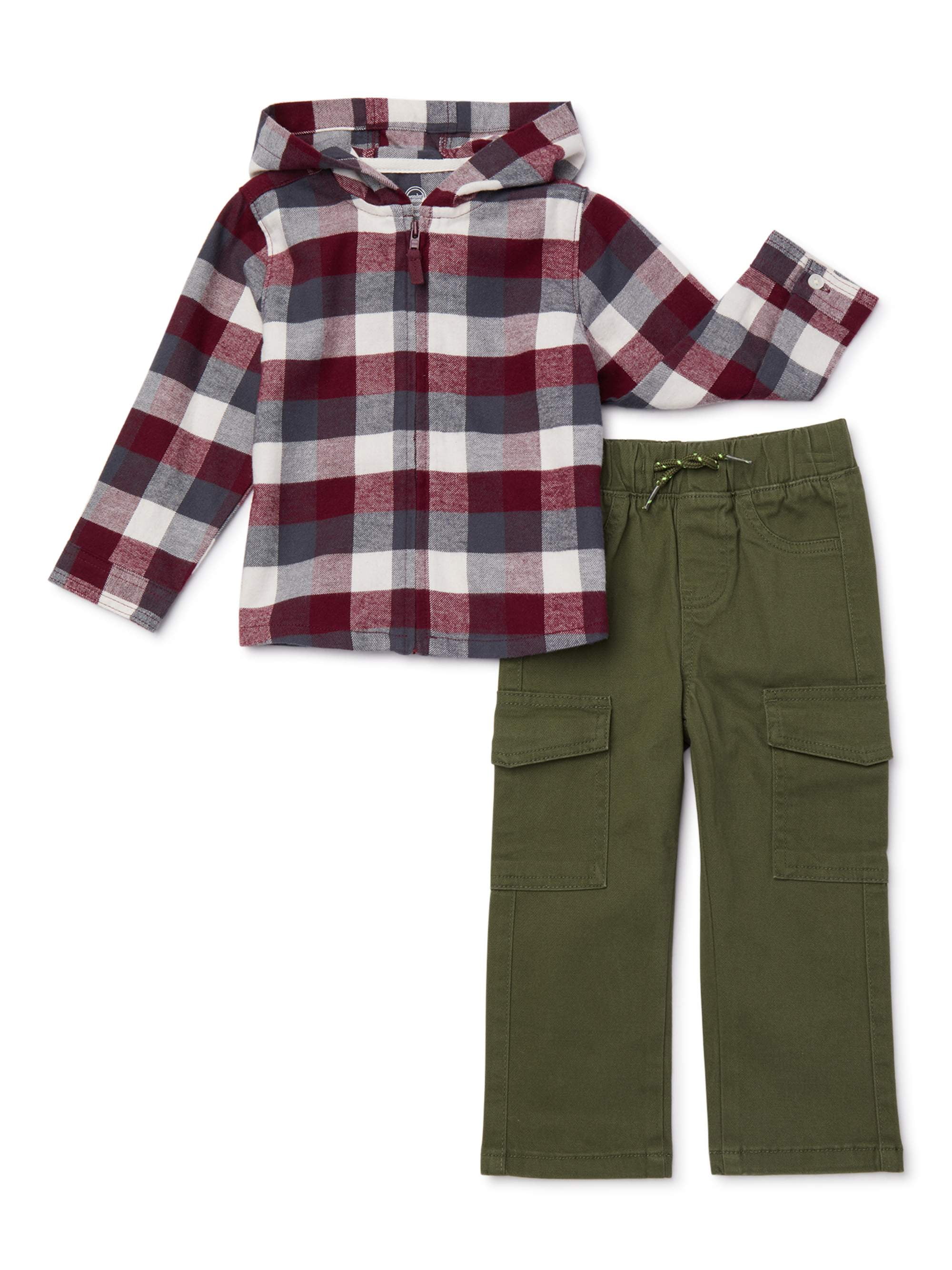 Wonder Nation Baby Boy & Toddler Boy Hooded Flannel Plaid Shirt & Cargo