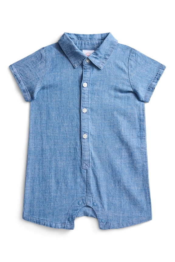 Baby Boys Cotton Denim Shortie Romper with Short Sleeves, Sizes 0/3M-24M