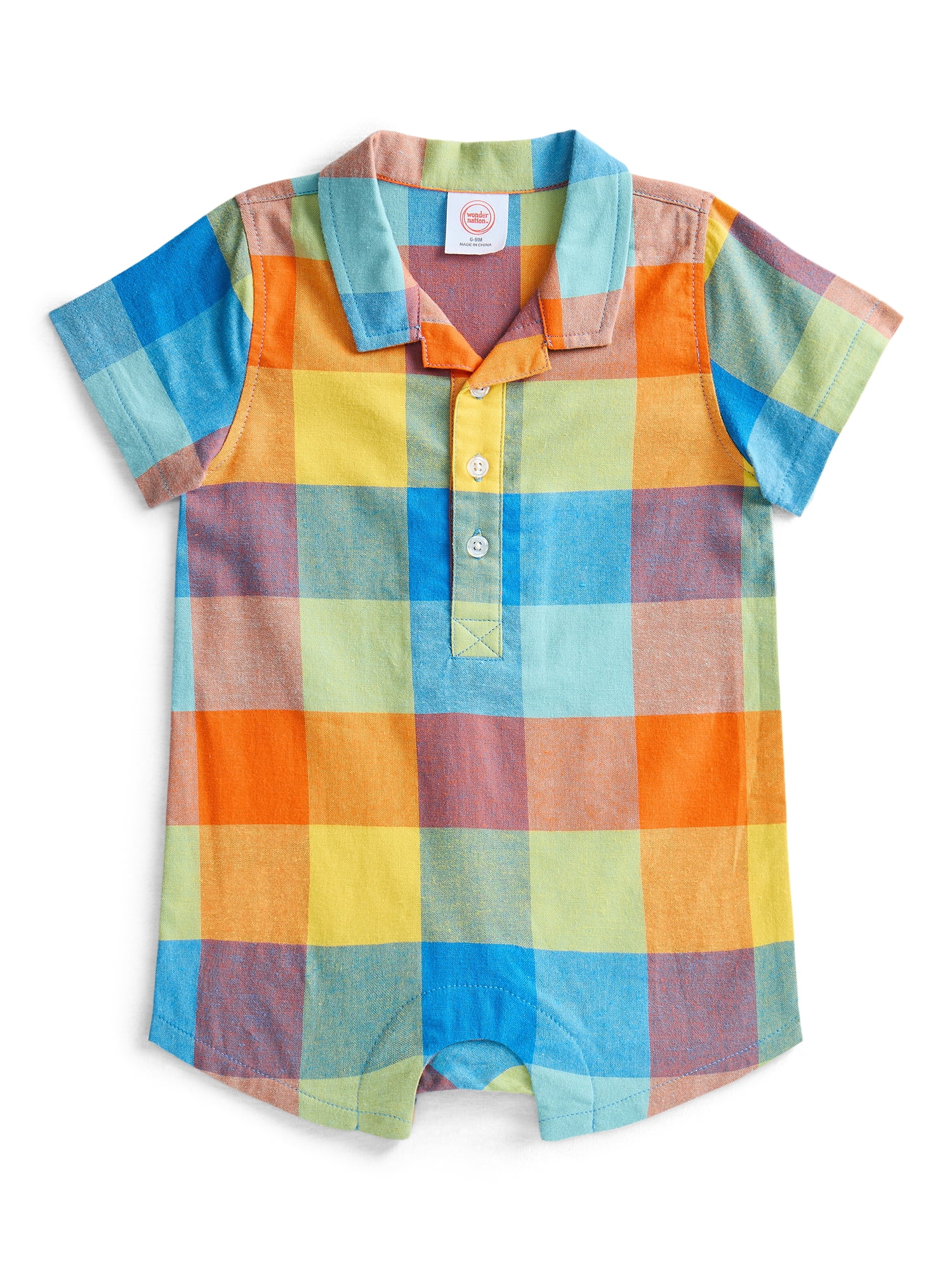 Wonder Nation Baby Boys Plaid Collared Romper with Short Sleeves, Sizes 0/3M-24M