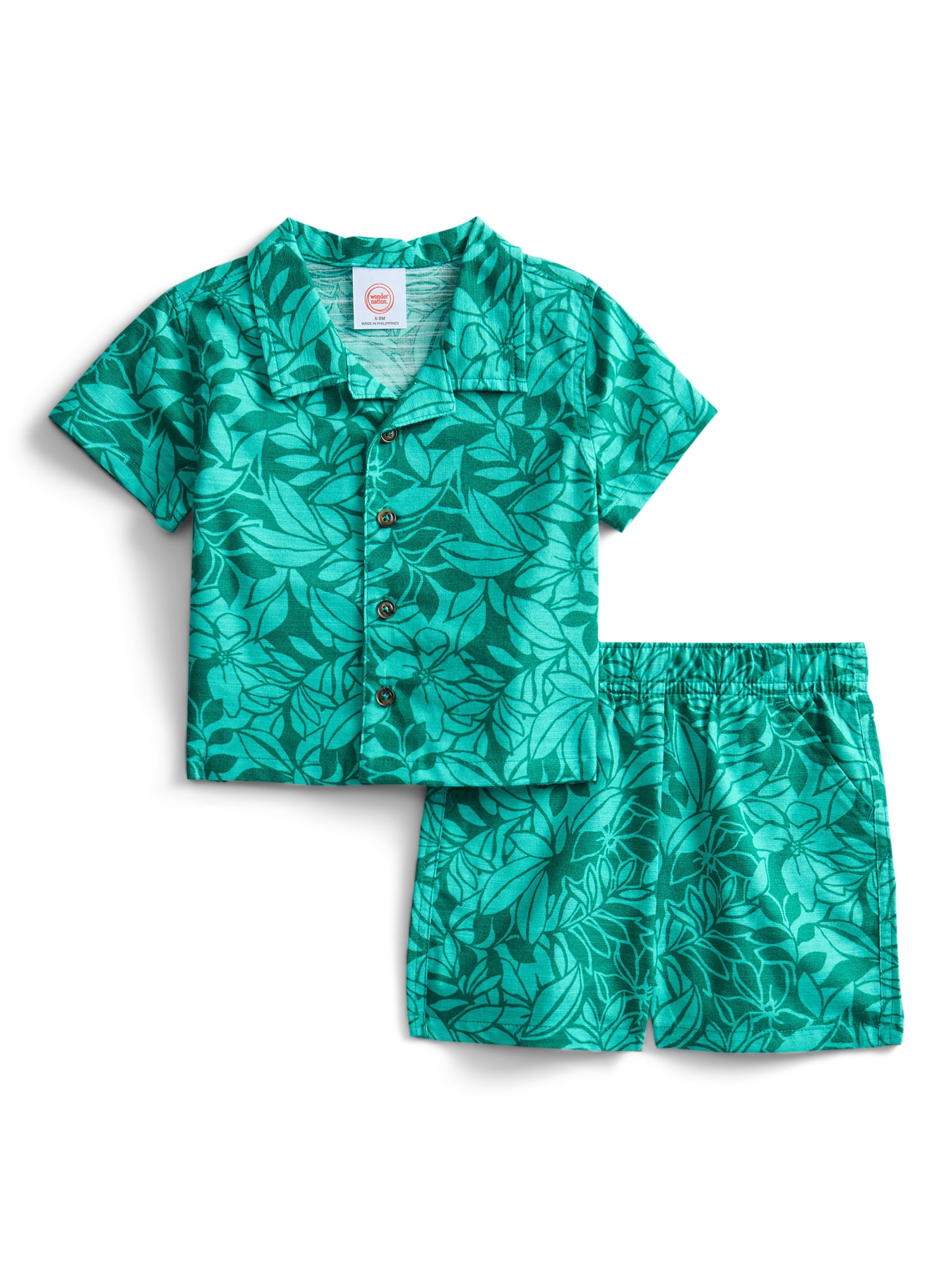 Wonder Nation Baby Boys Short Sleeve Printed Collared Button Top and Matching Shorts Set, Sizes 0/2M-24M