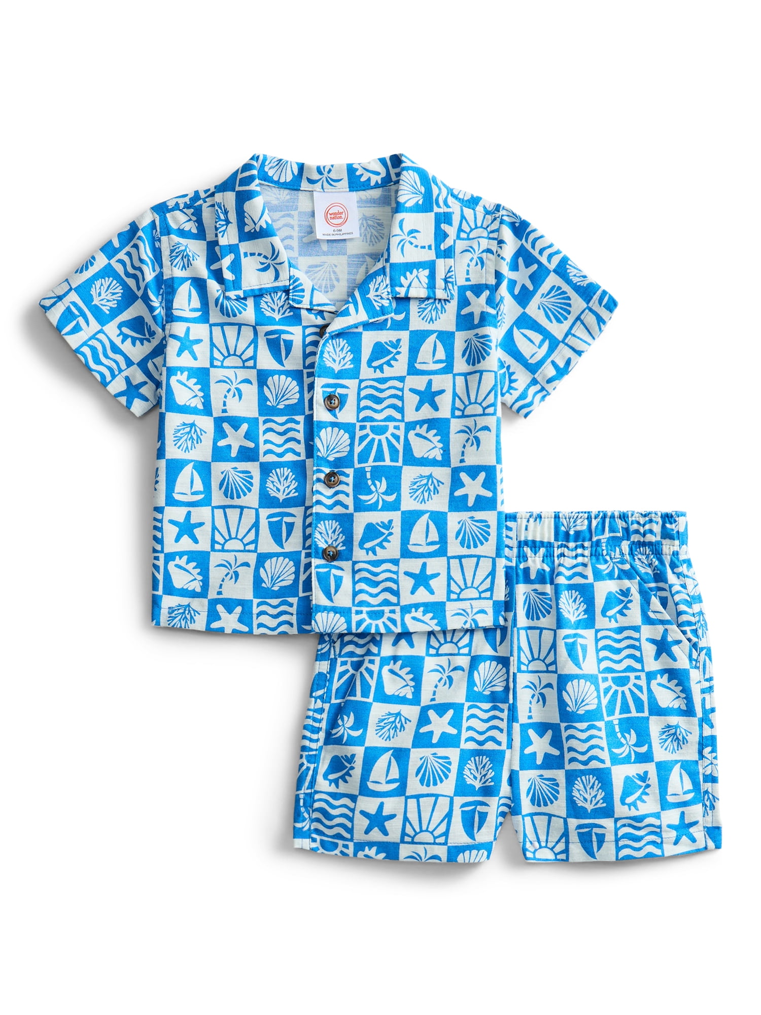 Wonder Nation Baby Boys Short Sleeve Printed Collared Button Top and Matching Shorts Set, Sizes 0/2M-24M