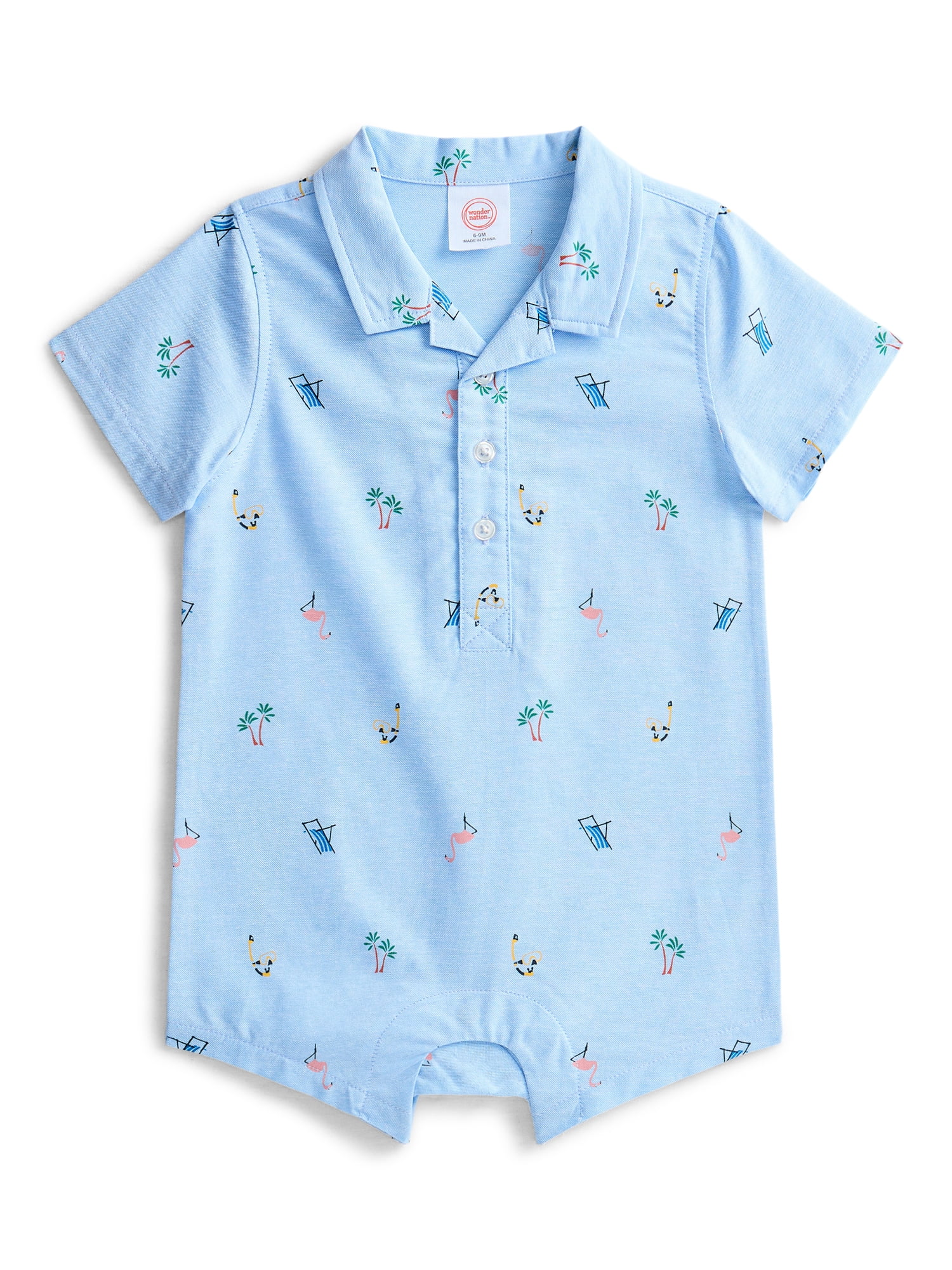 Wonder Nation Baby Boys Printed Collared Romper with Short Sleeves, Sizes 0/3M-24M