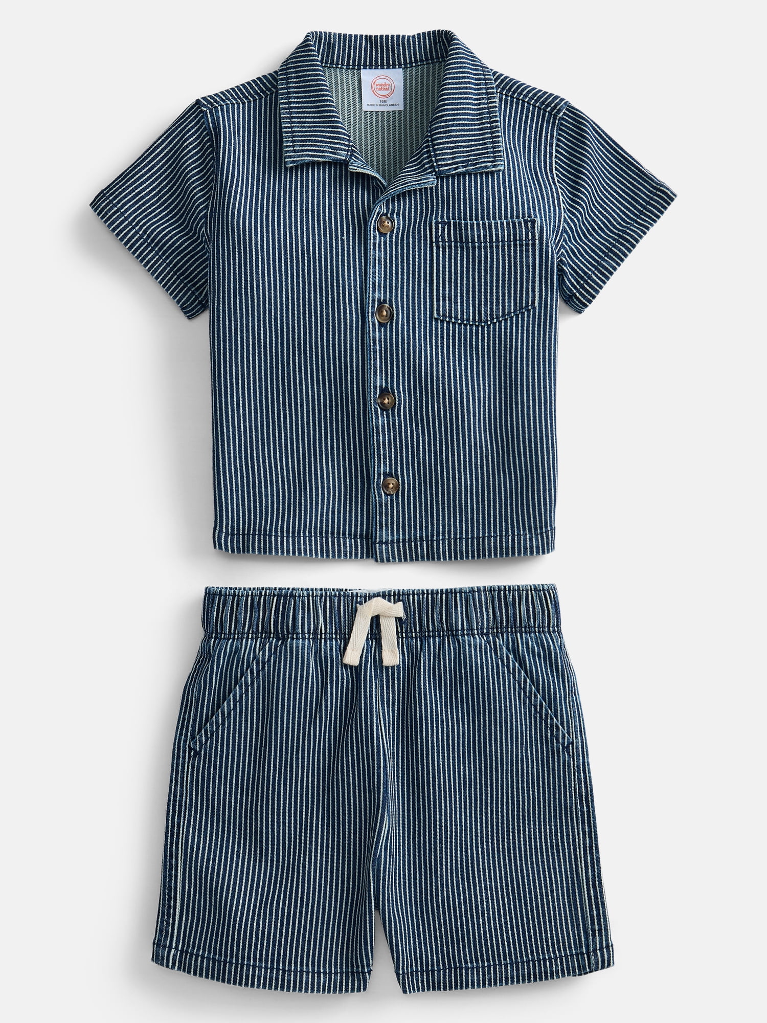 Wonder Nation Baby Boys Short Sleeve Striped Collared Button Top and Matching Shorts Set, Sizes 0/2M-24M