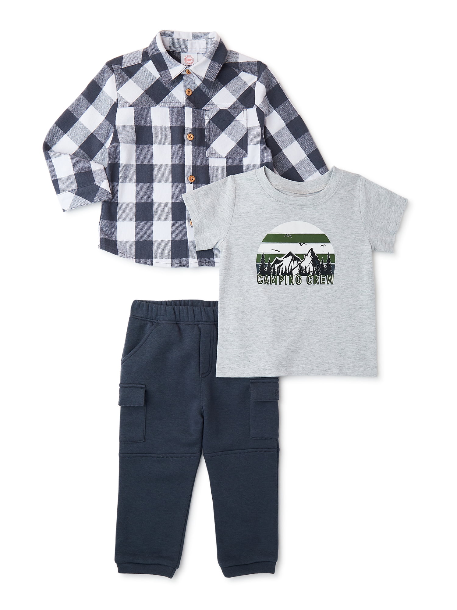 Wonder Nation Baby Boys Flannel Shirt Jacket, Cargo Joggers and T-shirt, 3  Piece Outfit Set, Sizes 0/3-24 Months 