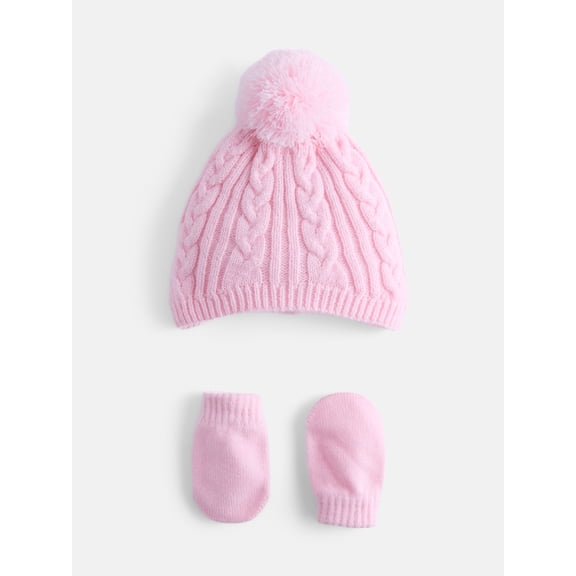 Wonder Nation Baby Boys or Girls Pom Pom Beanie and Mittens Set, 2 Piece, One Size