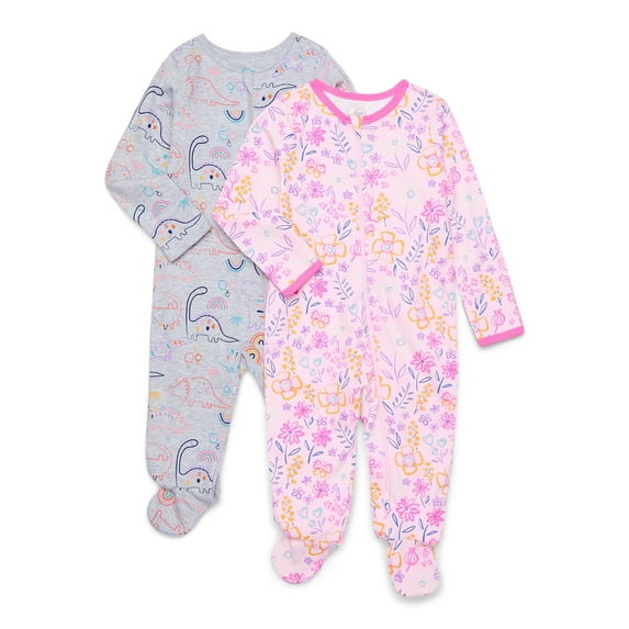 Wonder Nation Baby Unisex Zip Front Footed Sleep N Play Pajamas, 2-Pack, Sizes Preemie-6/9 Months
