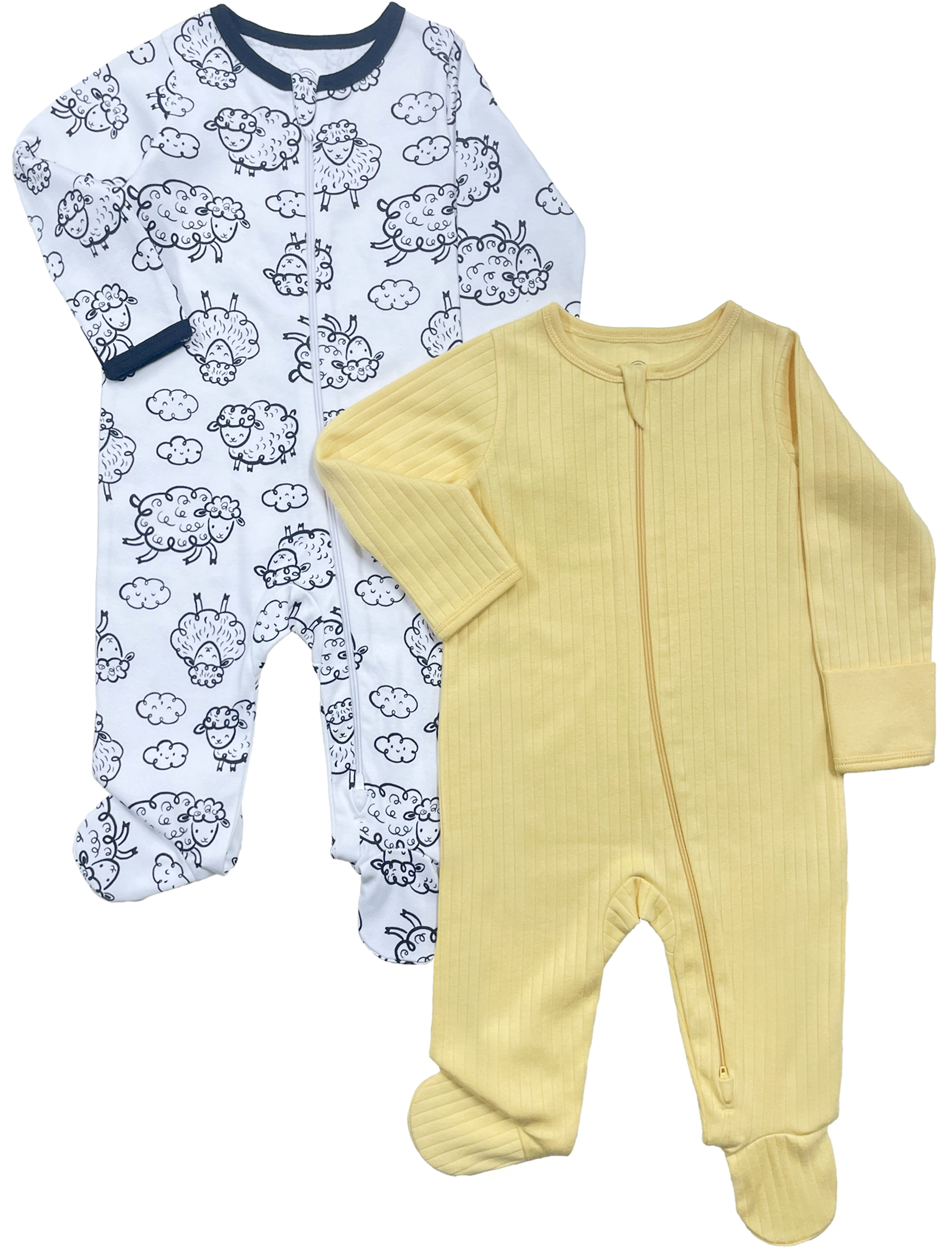 Wonder Nation Baby Sleep N Play Pajamas 2-Pack, Zip Footed, Cotton, Preemie-6/9 Months