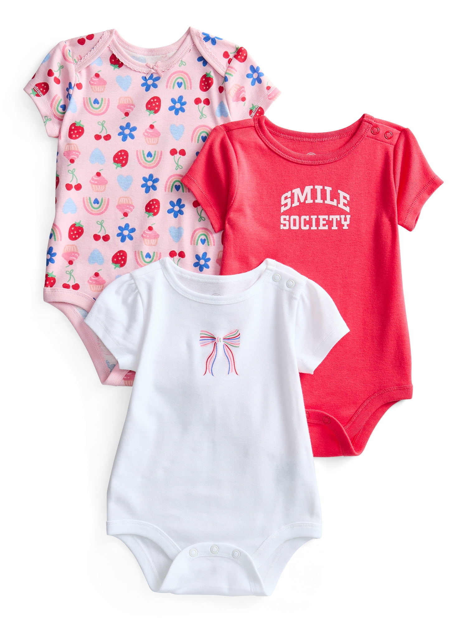 Wonder Nation Baby Girls Bodysuit with Short Sleeves, 3-Pack, Sizes 0M-24M