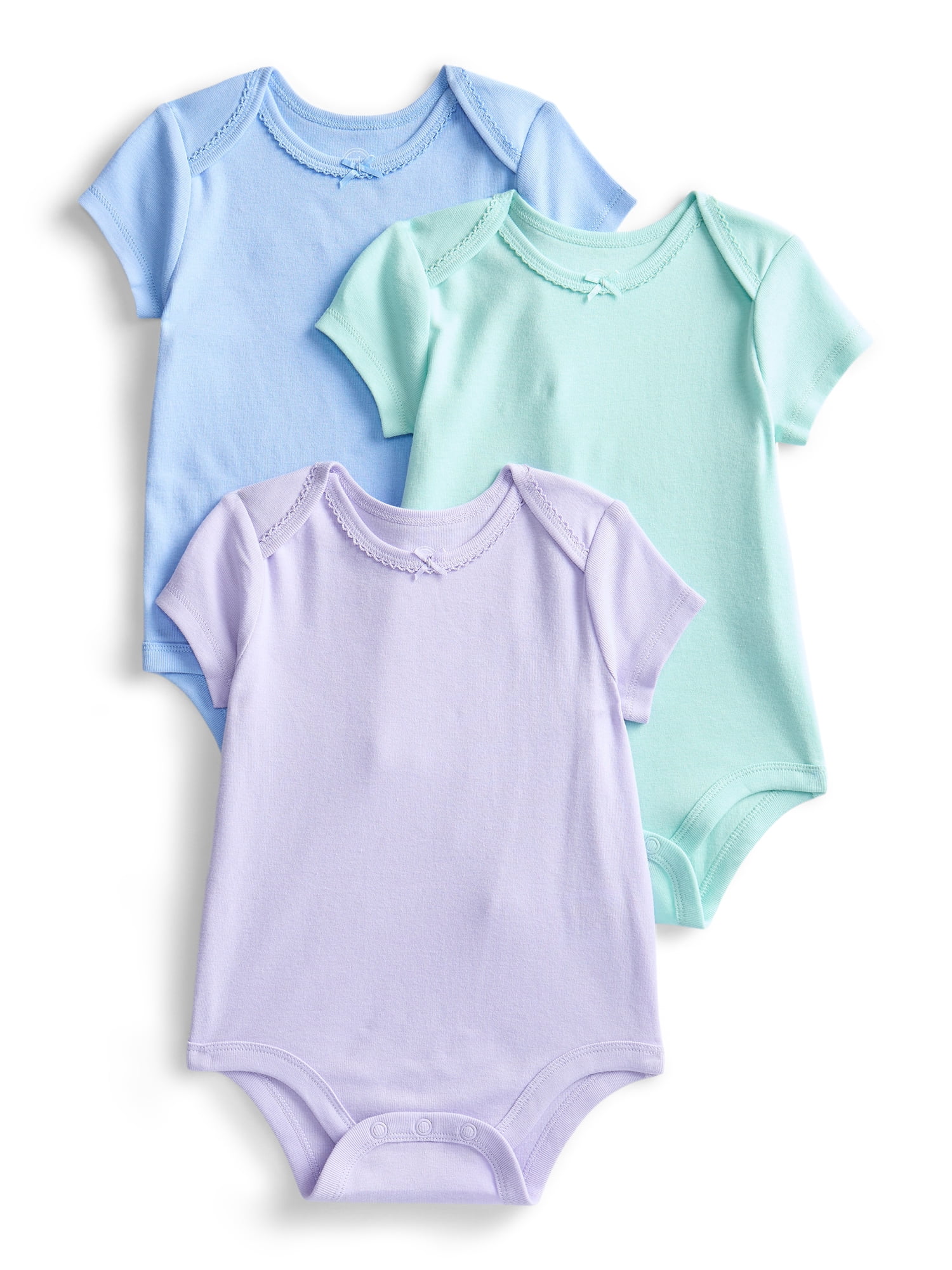 Wonder Nation Baby Girls Bodysuit with Short Sleeves, 3-Pack, Sizes 0M-24M