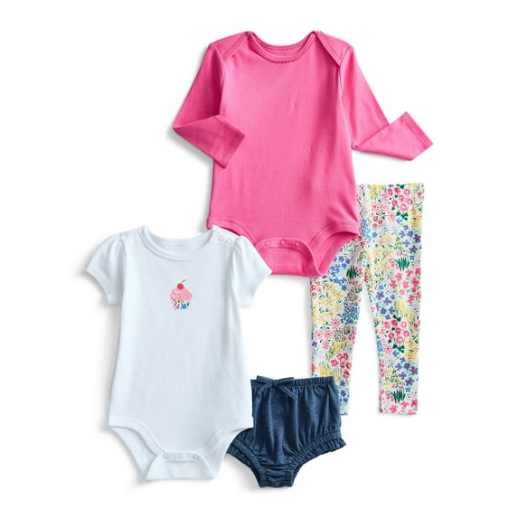 Wonder Nation Baby Girls Bodysuit and Leggings Outfit Set, 4-Piece, Sizes 0M-24M