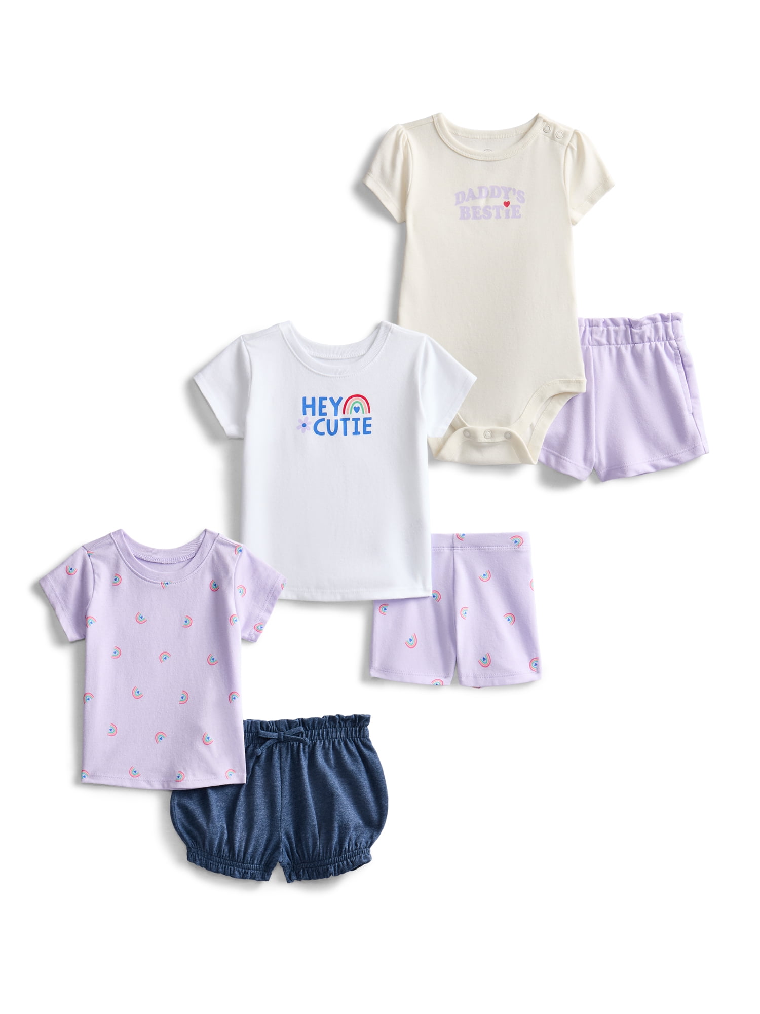 Wonder Nation Baby Girls Graphic Tee and Shorts Outfit Set, 6-Piece, Sizes 0M-24M