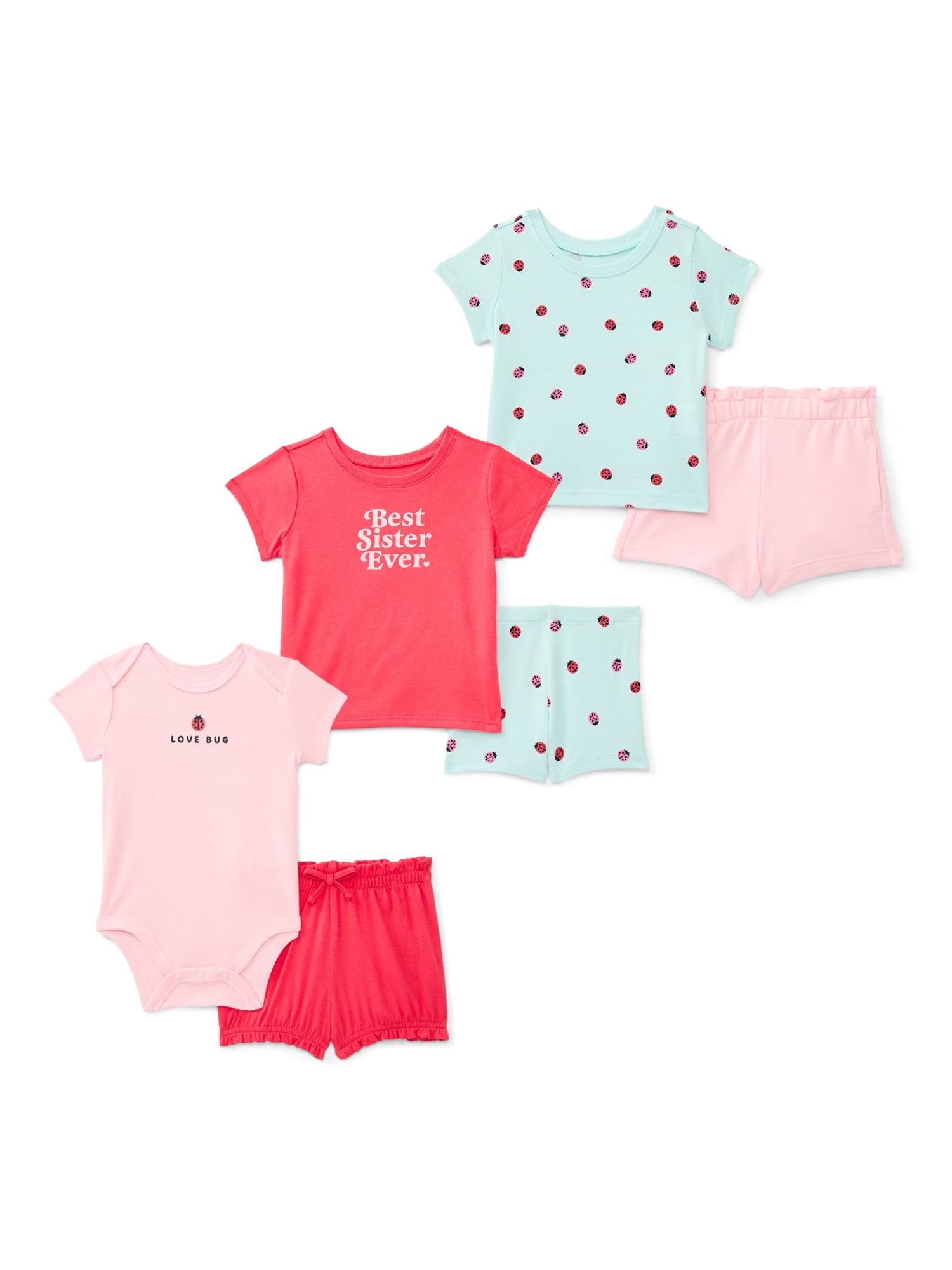 Wonder Nation Baby Girls Graphic Tee and Shorts Outfit Set, 6-Piece, Sizes 0M-24M