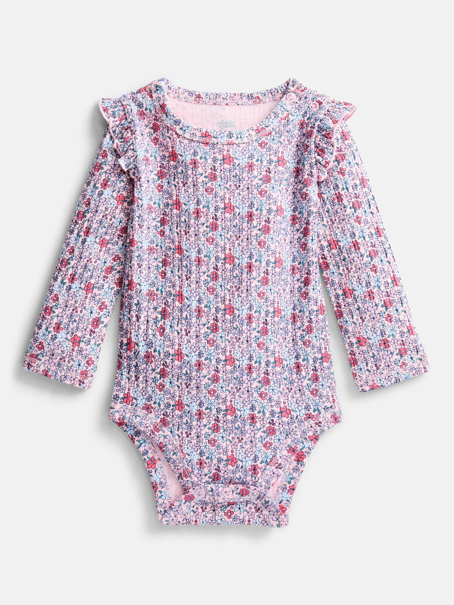 Wonder Nation Baby Girls Flutter Bodysuit with Long Sleeves, Sizes 0-24 Months