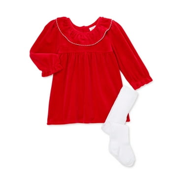 Wonder Nation Baby Girl Holiday Dress and Tights Outfit Set, 2 Pieces, Sizes 0/3-24 Months