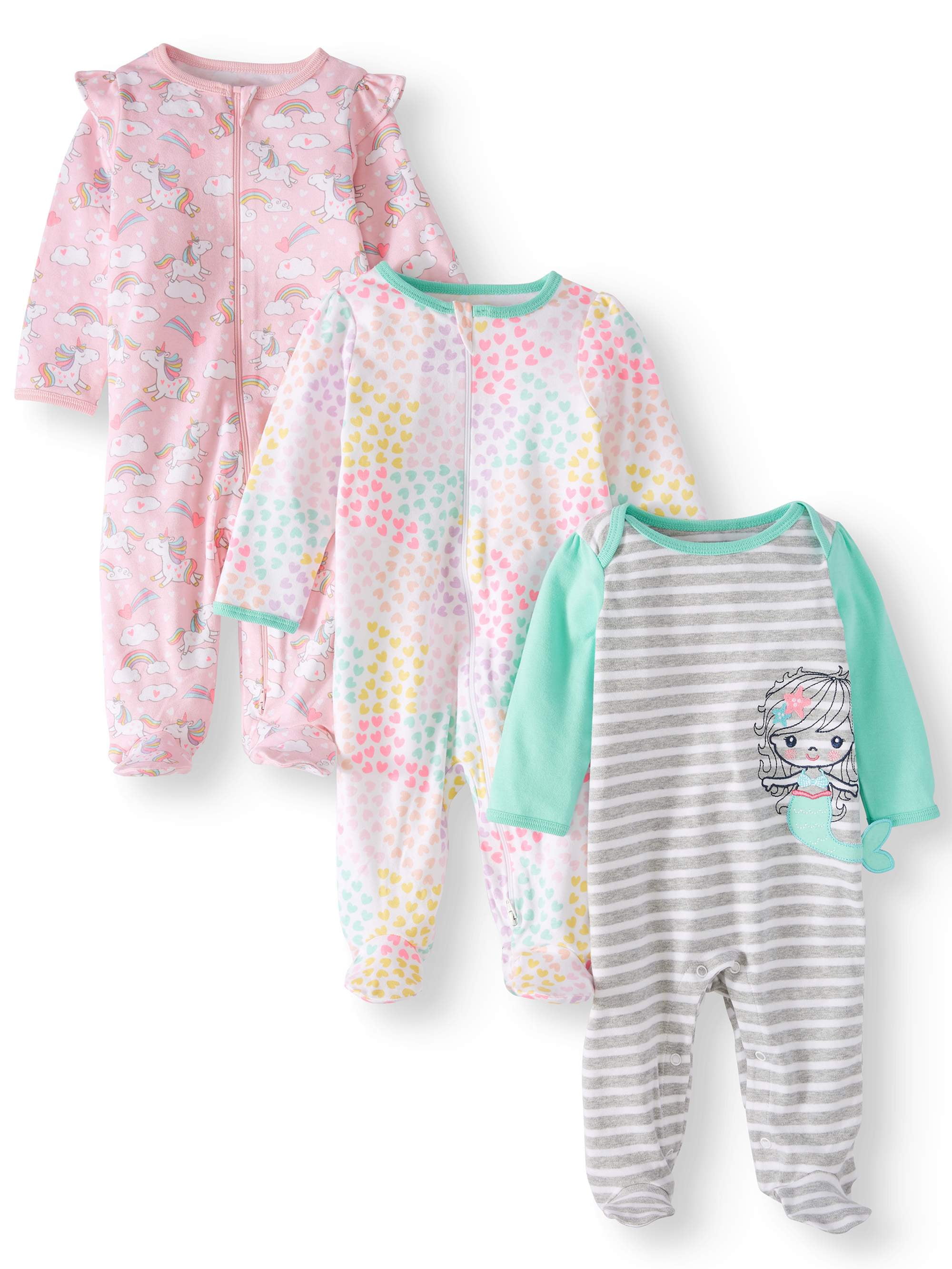 Wonder Nation Baby Girl Inverted Zipper Sleep 'N Play Coverall Pajamas, 3Pack