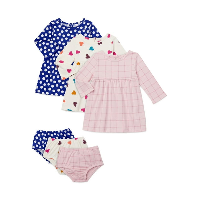 Wonder Nation Baby Girl Long Sleeve Knit Dress & Diaper Cover, 3-Pack