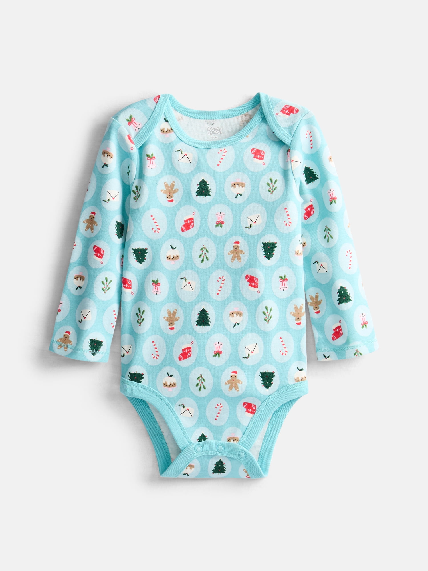 Wonder Nation Baby Girls’ Cotton Christmas Print Bodysuit with Long Sleeves, Sizes 0M-24M