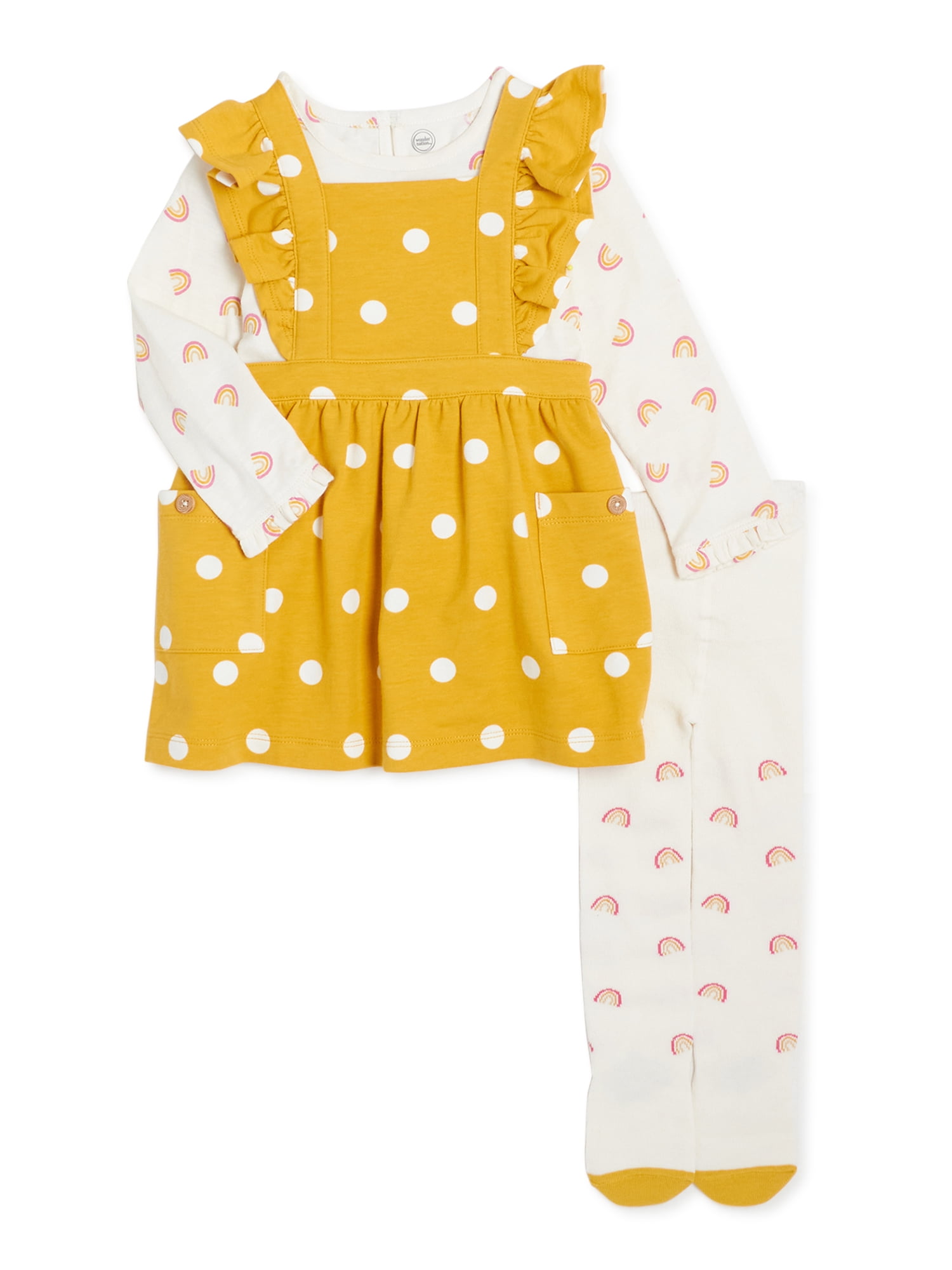 Wonder Nation Baby Girl Pinafore Dress, Long Sleeve Top & Tights Outfit