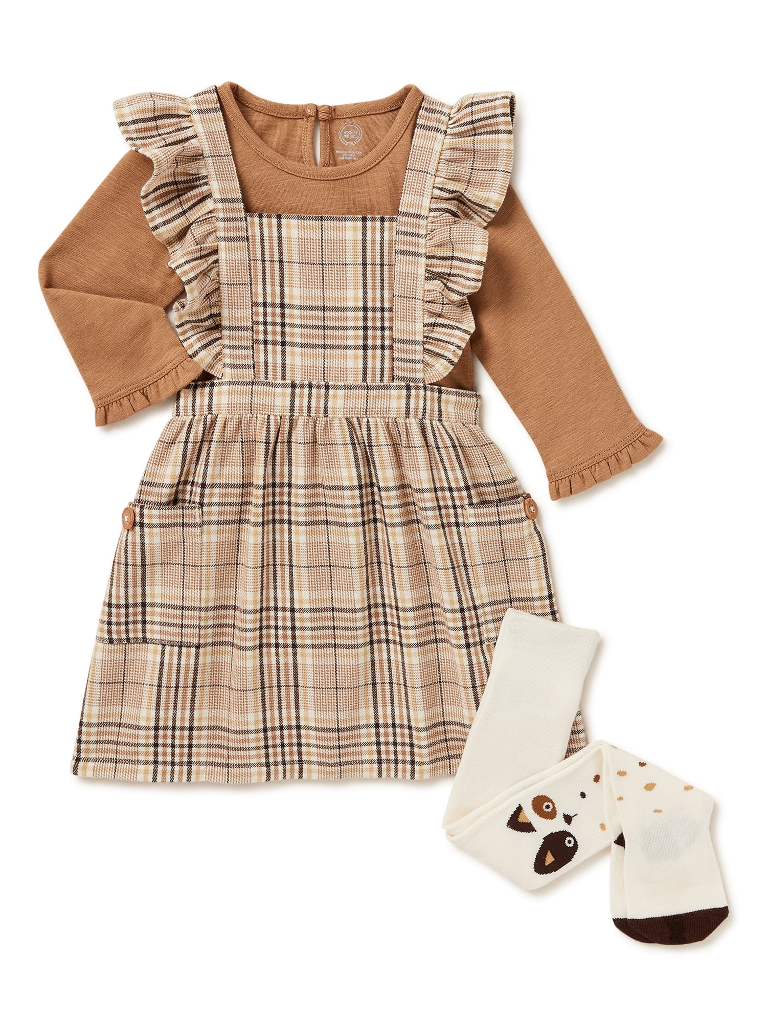 Wonder Nation Baby Girl Pinafore Dress, Long Sleeve Top and Tights Set