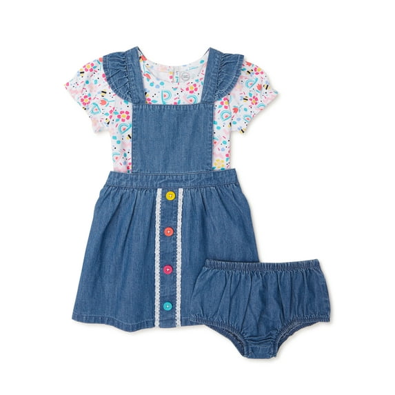 Wonder Nation Baby Girl Pinafore Dress, Short Sleeve T-Shirt and Diaper Cover Outfit Set, 3-Piece, Sizes 0/3-24 Months