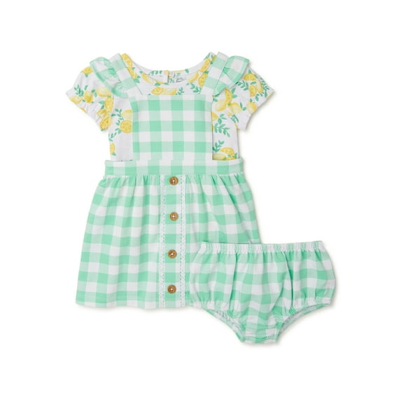Wonder Nation Baby Girl Pinafore Dress, Short Sleeve T-Shirt and Diaper Cover Outfit Set, 3-Piece, Sizes 0/3-24 Months