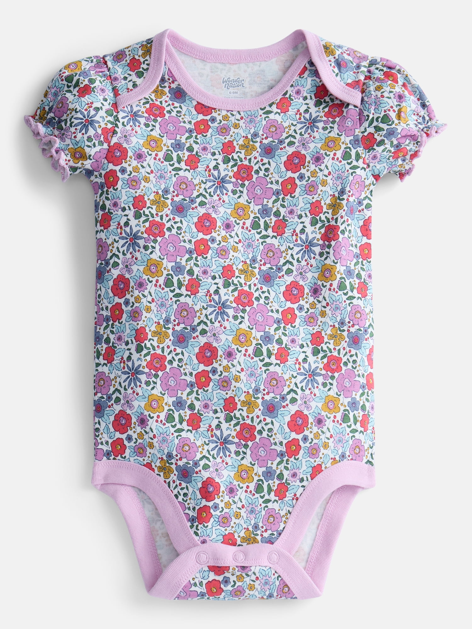Wonder Nation Baby Girls' Graphic Cotton Bodysuit with Short Puff Sleeves, Sizes 0M-24M