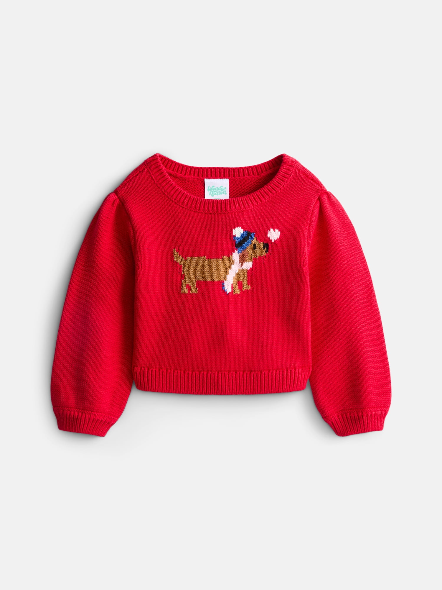 Wonder Nation Baby Girls Cotton Graphic Sweater with Long Puff Sleeves, Sizes 0-24M