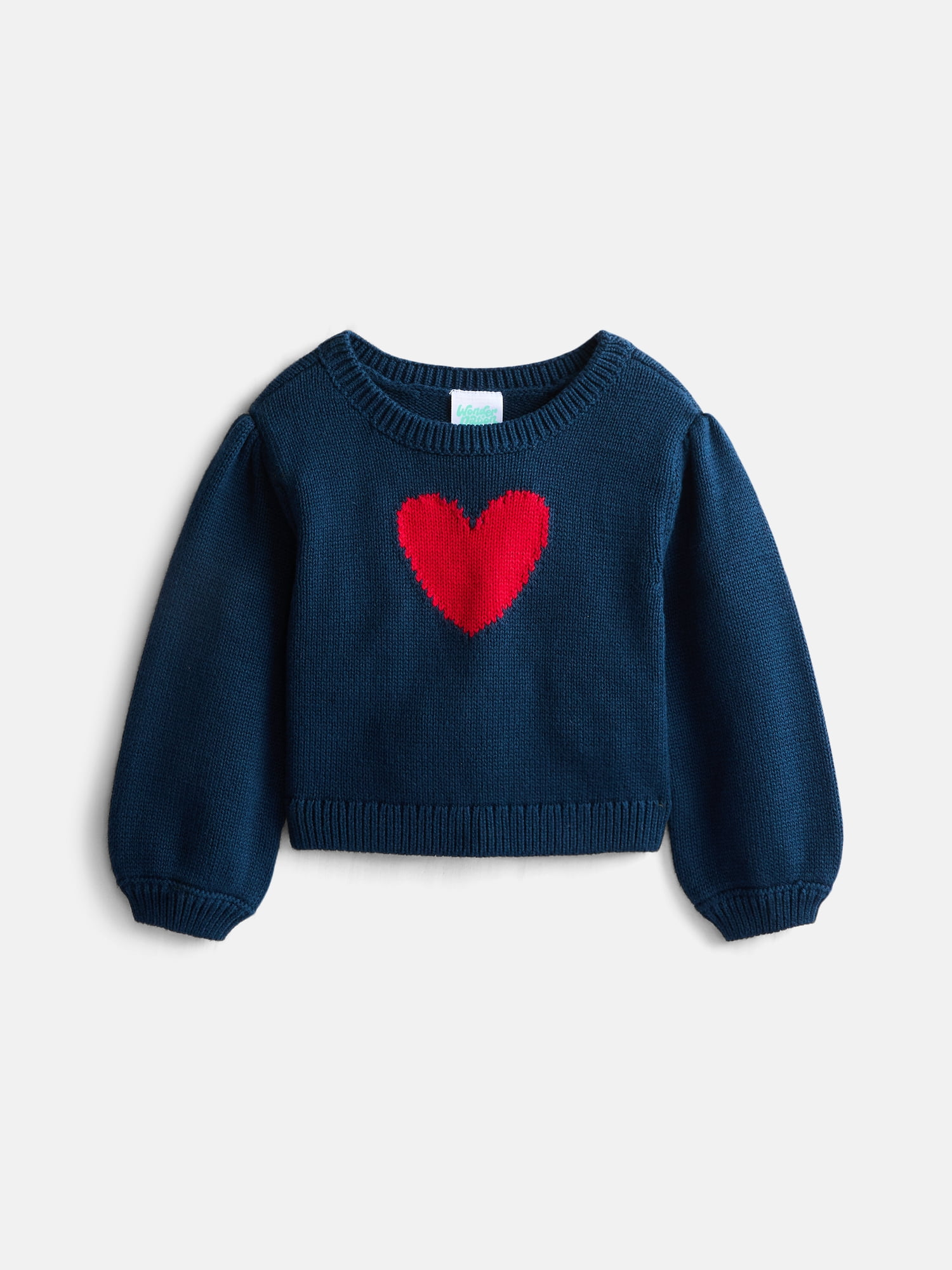 Wonder Nation Baby Girls Cotton Graphic Sweater with Long Puff Sleeves, Sizes 0-24M