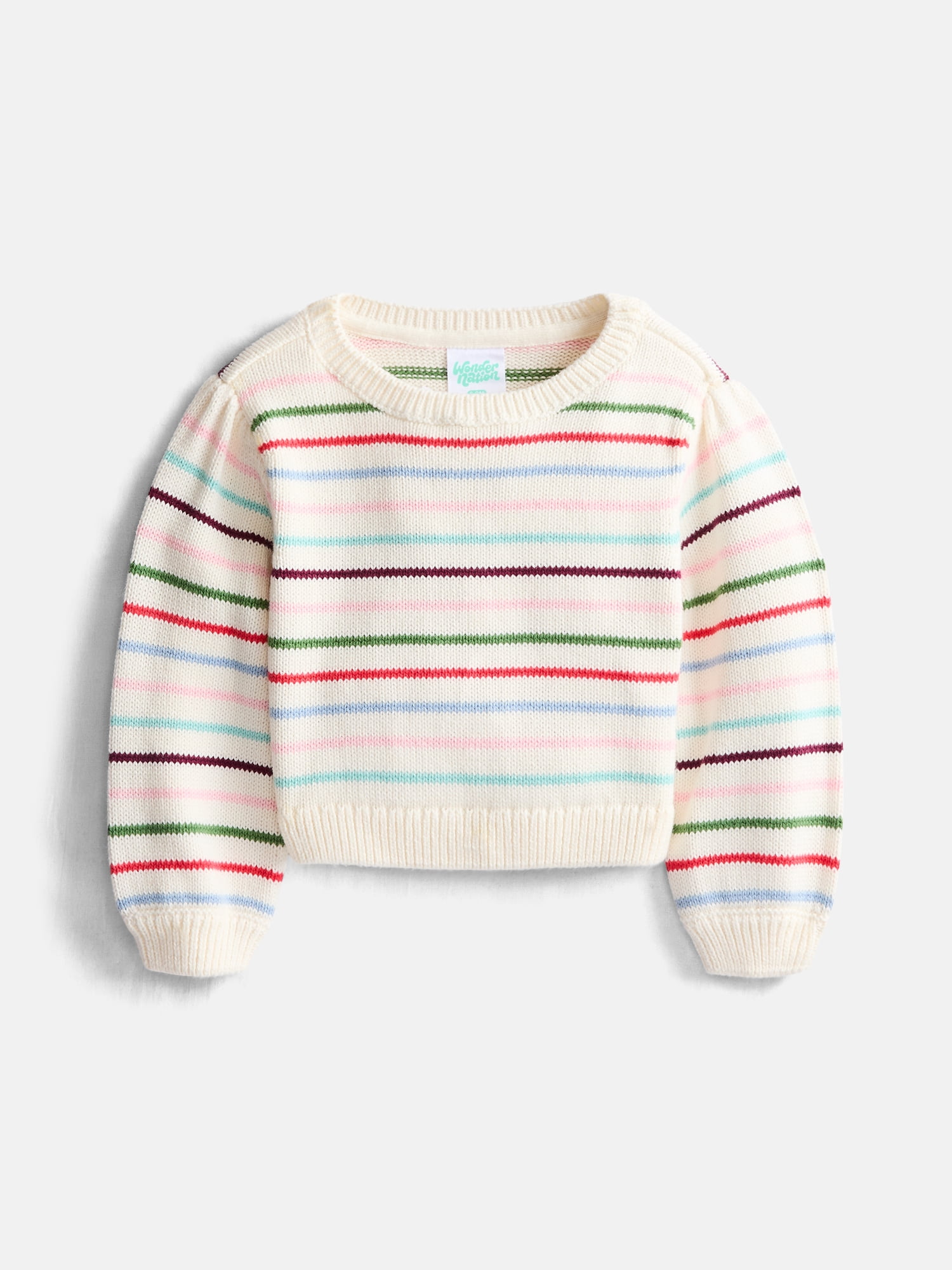 Wonder Nation Baby Girls Cotton Graphic Sweater with Long Puff Sleeves, Sizes 0-24M