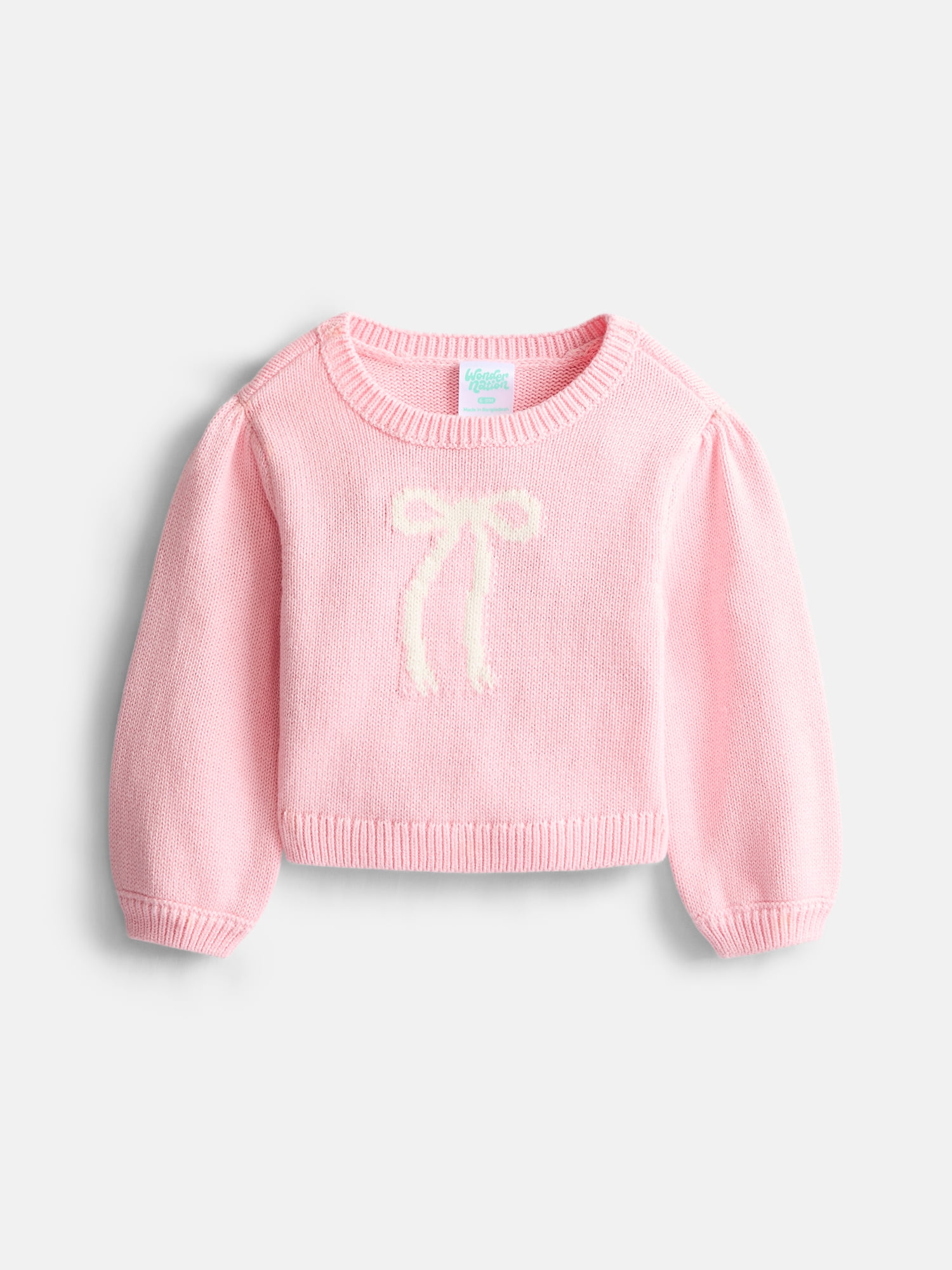 Wonder Nation Baby Girls Cotton Graphic Sweater with Long Puff Sleeves, Sizes 0-24M