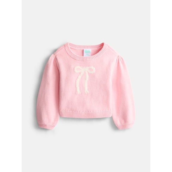 Wonder Nation Baby Girls Cotton Graphic Sweater with Long Puff Sleeves, Sizes 0-24M