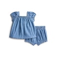 thumbnail image 1 of Wonder Nation Baby Girls Cotton Denim Puff Sleeve Top and Bloomer Shorts Set, 2-Piece, Sizes 0/3M-24M, 1 of 3