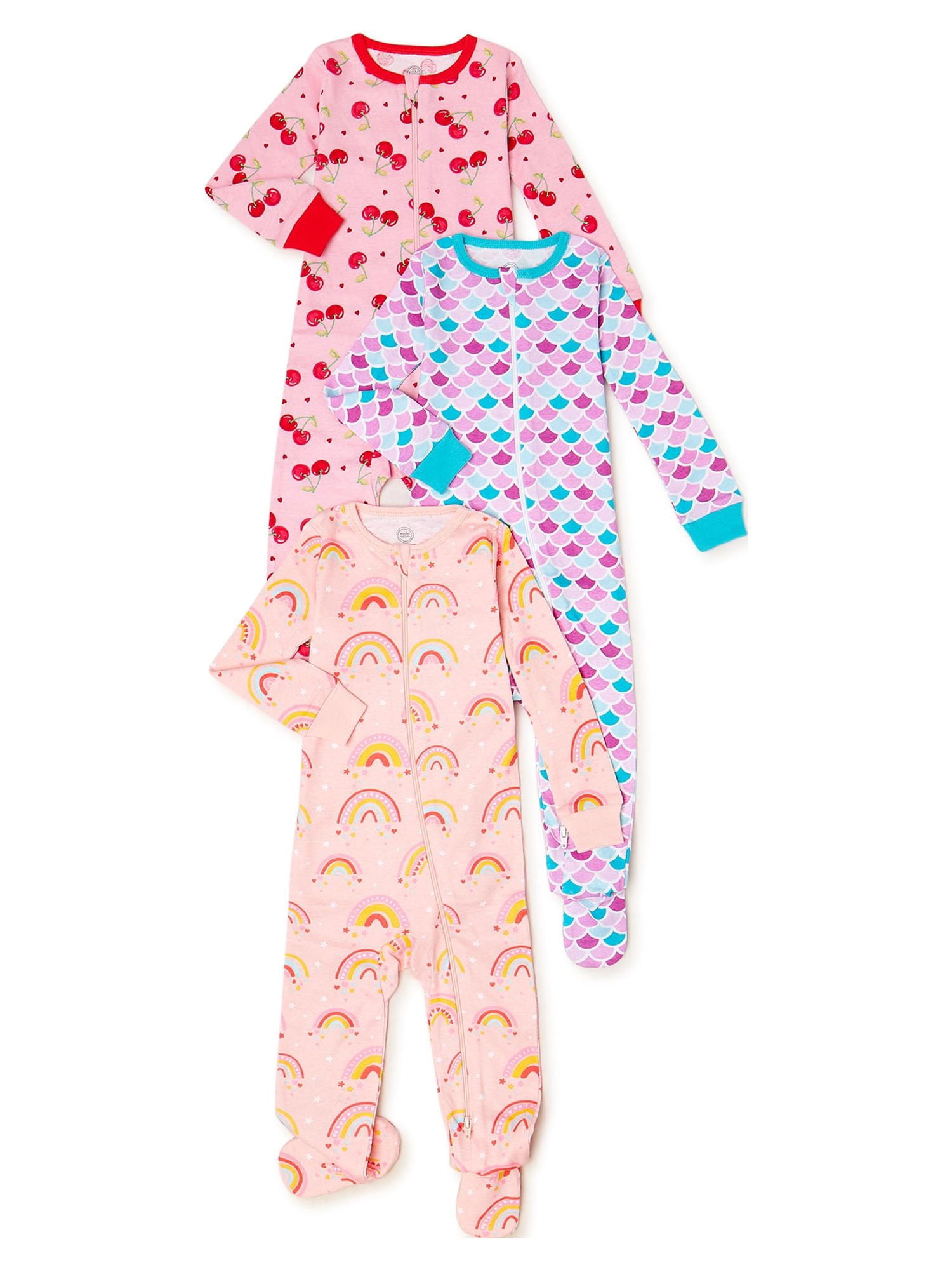 Wonder Nation Baby Girl Snug Fit Sleep and Play Pajamas, 3-Pack, 12 Months-24 Months