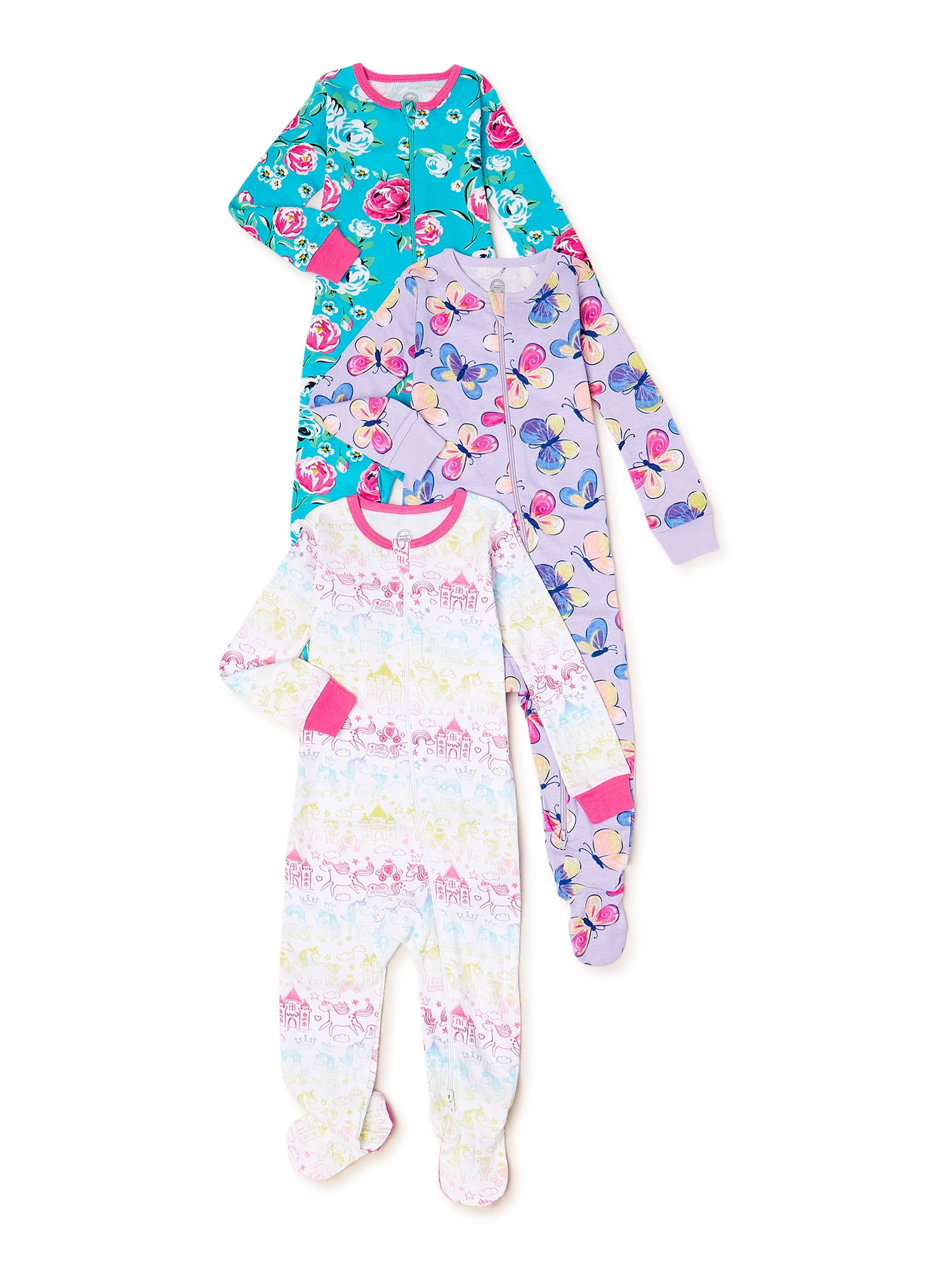 Wonder Nation Baby Girl Snug Fit Sleep and Play Pajamas, 3Pack, 12
