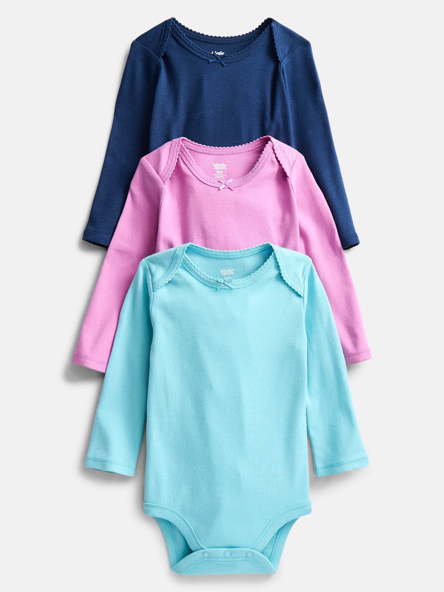 Wonder Nation Baby Girls Long Sleeve Bodysuits, 3-Pack, Sizes 0-24 Months