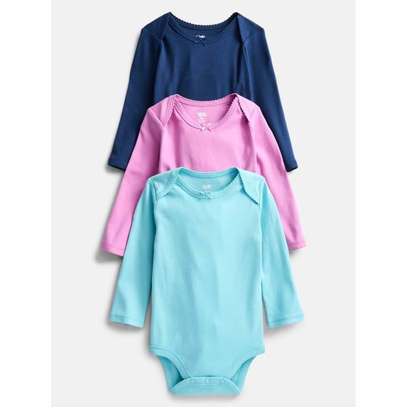 Wonder Nation Baby Girls Long Sleeve Bodysuits, 3-Pack, Sizes 0-24 Months