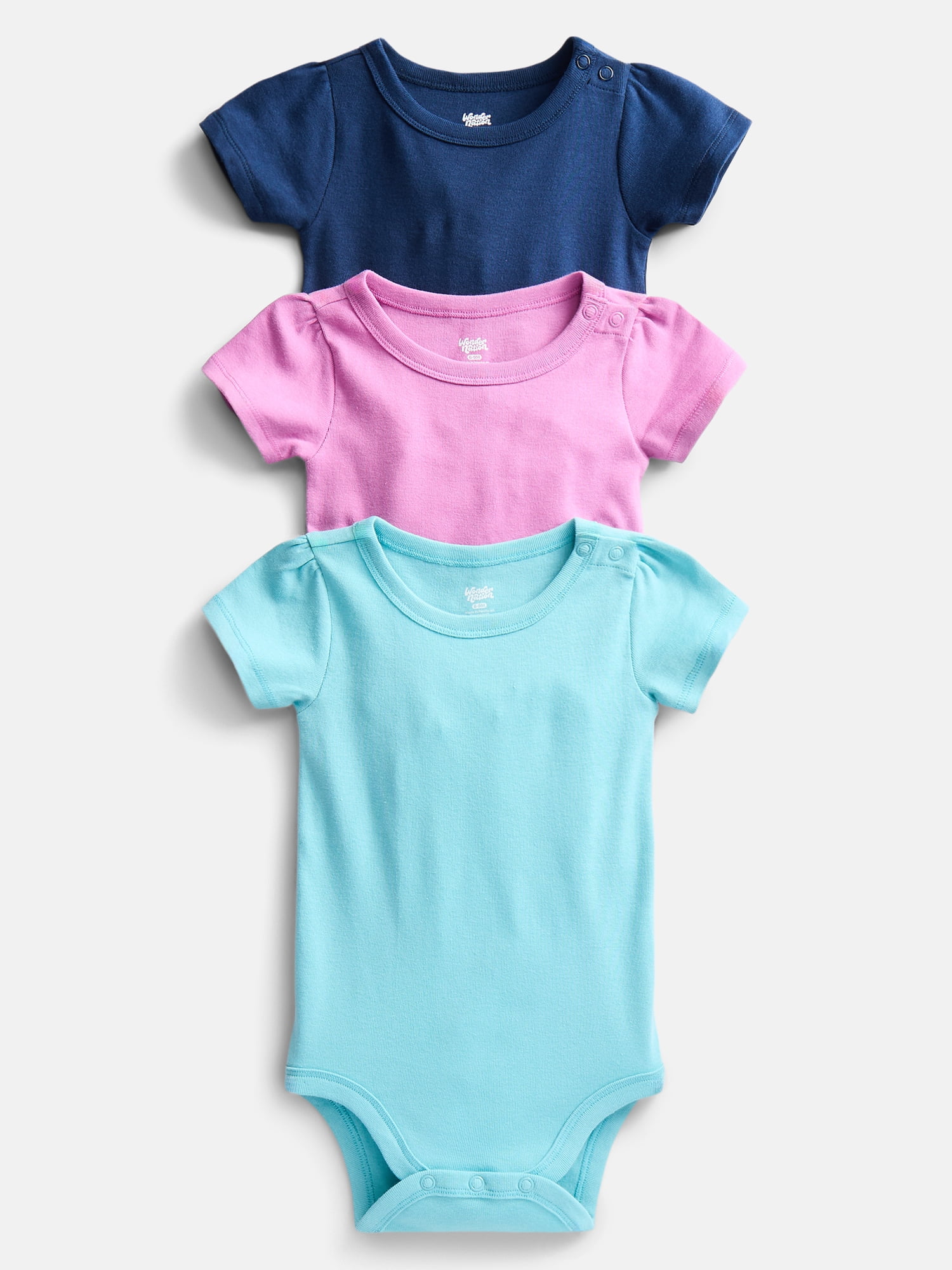 Wonder Nation Baby Girls Short Sleeve Bodysuits, 3-Pack, Sizes 0-24 Months