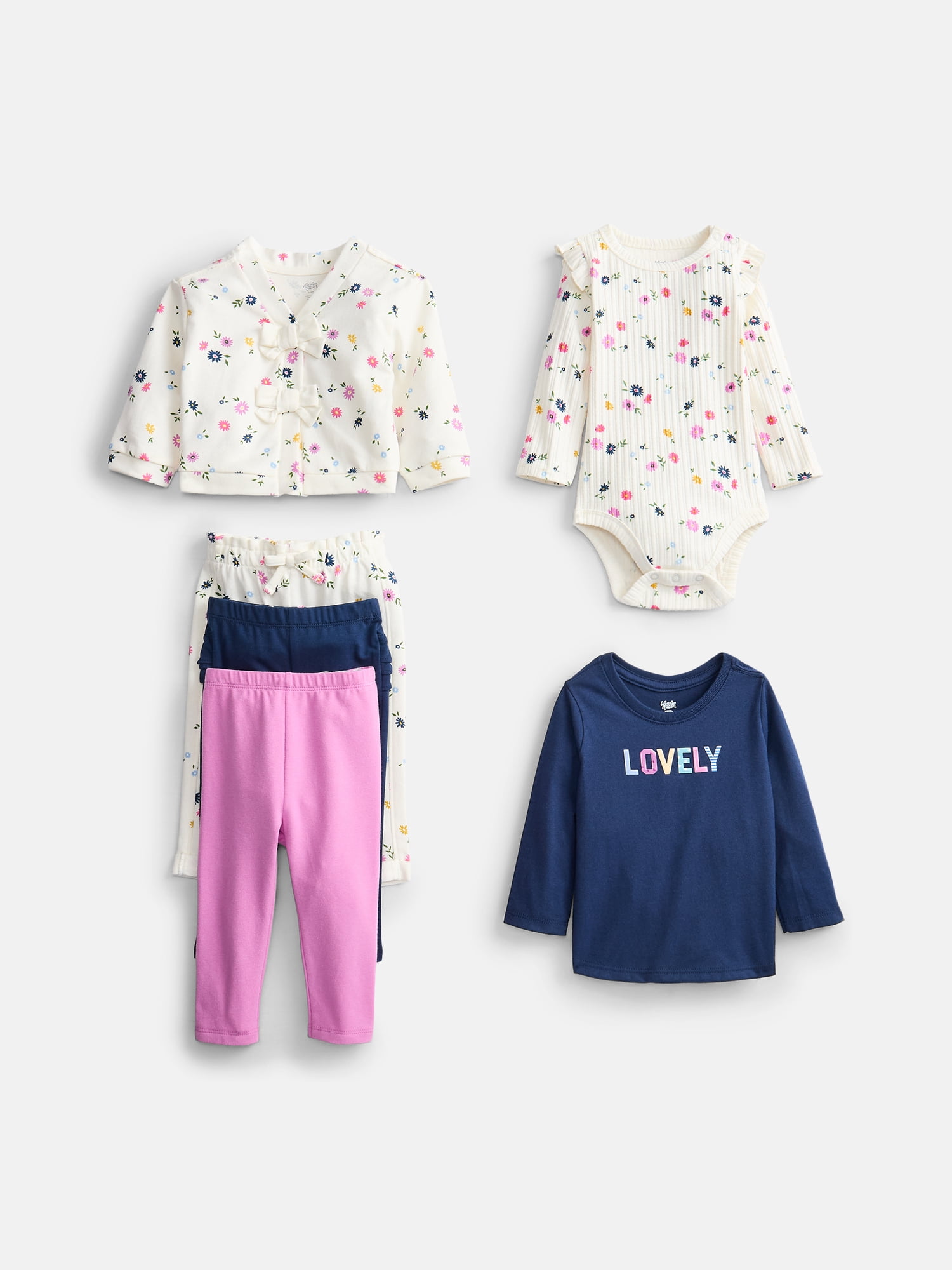 Wonder Nation Baby Girls Mix and Match Outfit Set, 6 Piece, Sizes 0-24 Months