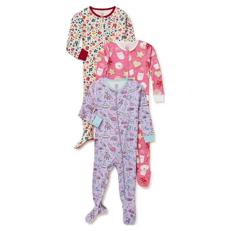 Wonder Nation Baby Girls Cotton Sleep 'N Play Pajamas 3-Pack, 12