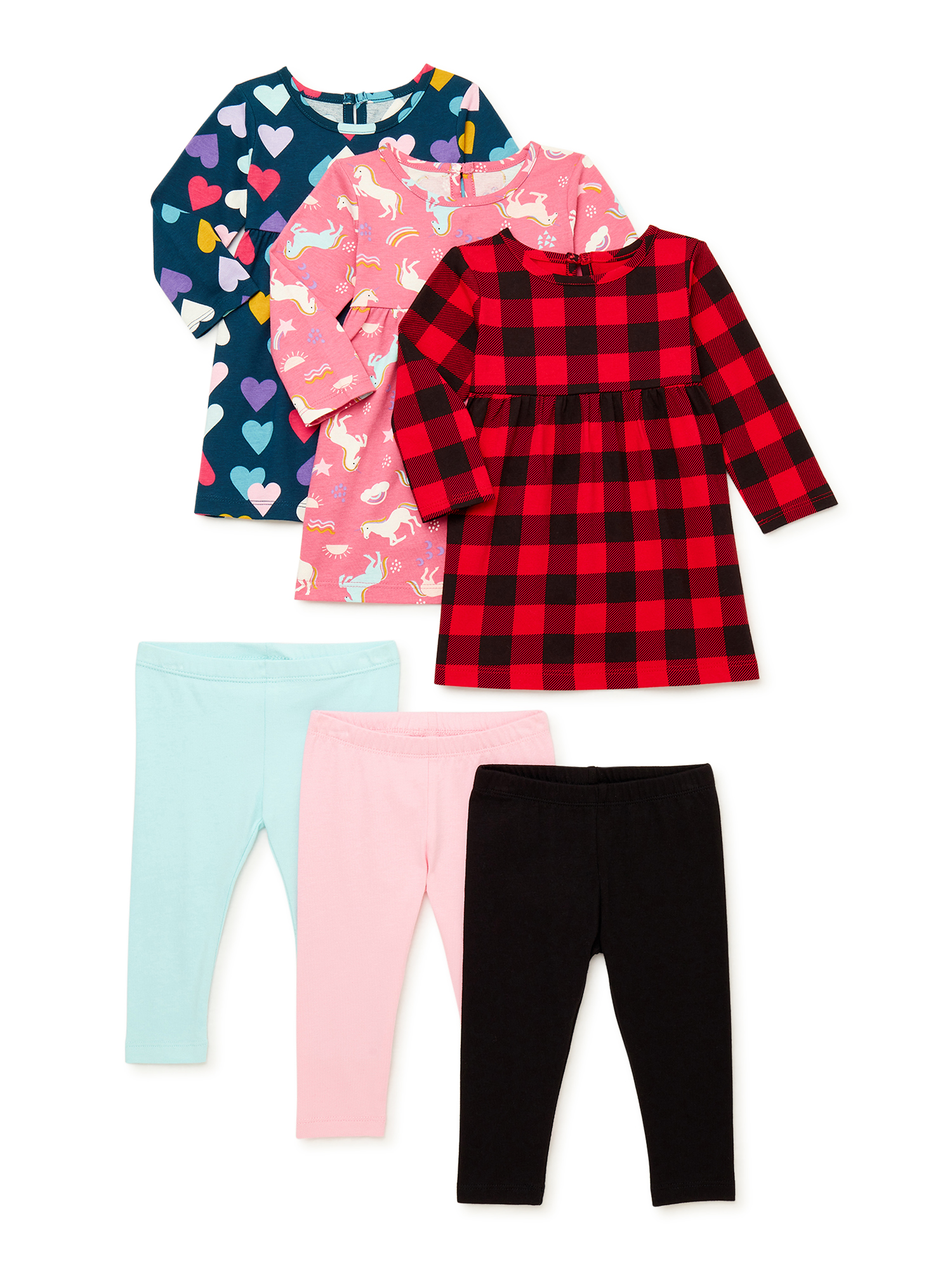 Wonder Nation Baby Girls Long Sleeve Dress & Leggings Set, 6-Piece, Sizes 0-24 Months - image 1 of 5