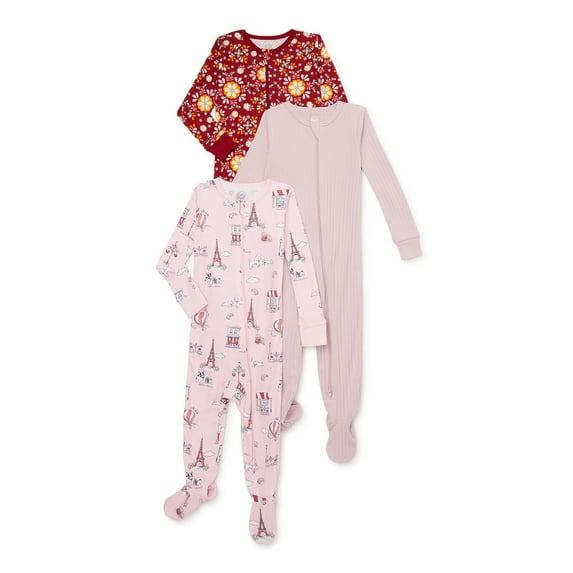Wonder Nation Baby Girls’ One Piece Sleep ‘n Play, 3-Pack, Sizes 12M-24M