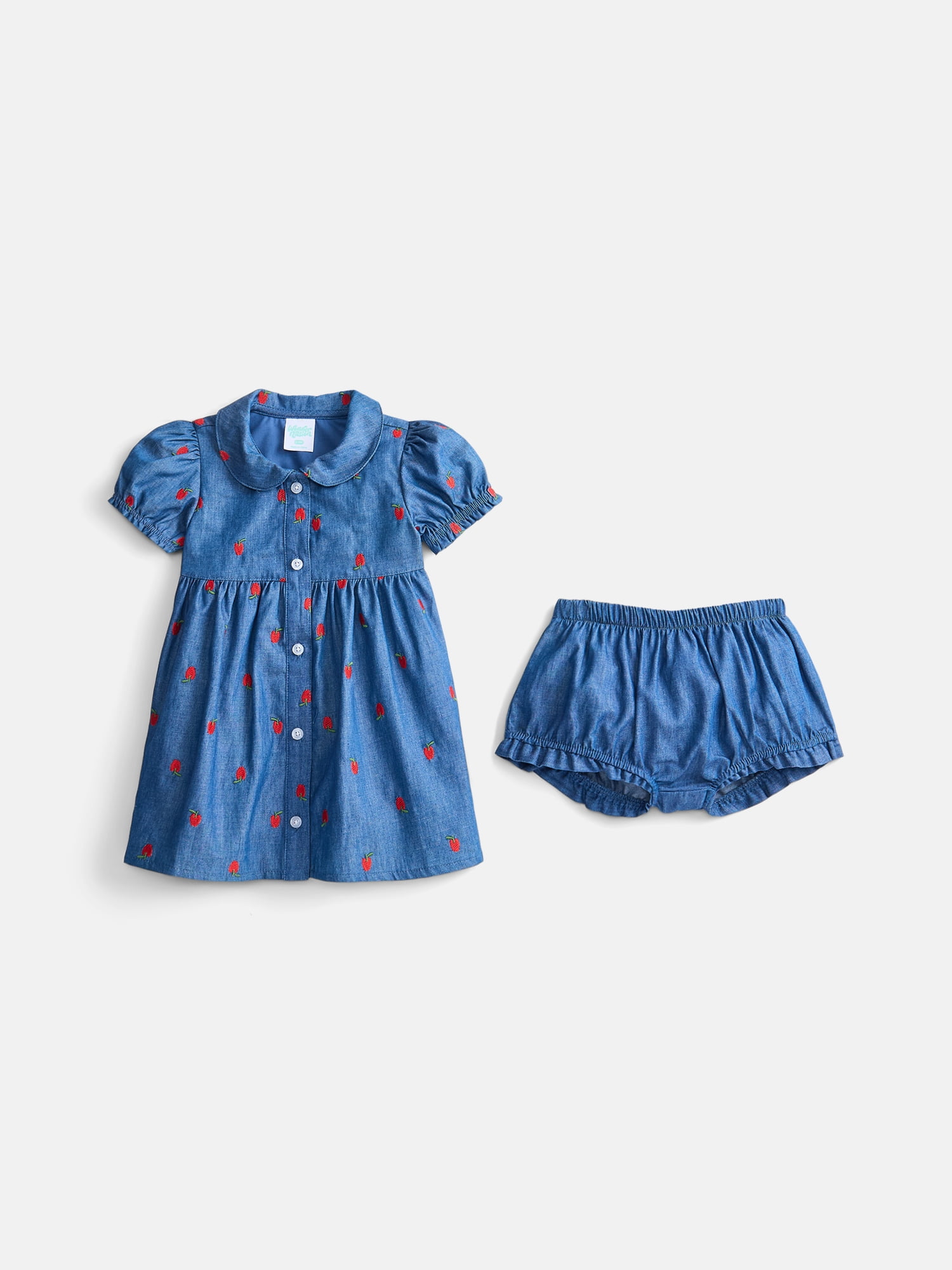 Wonder Nation Baby Girls Dress with Puff Sleeves and Shorts Set, 2 Piece, Sizes 0/3M-24M