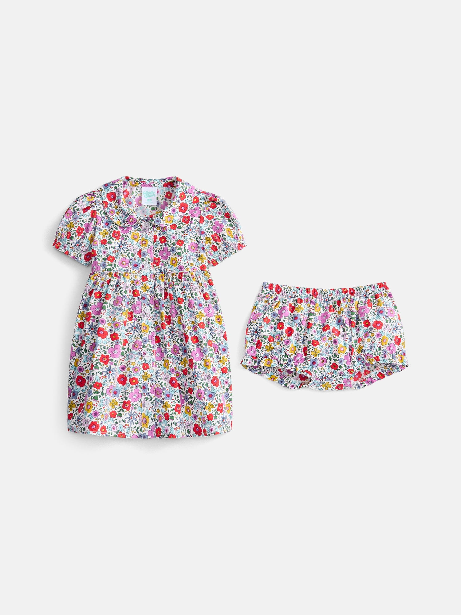 Wonder Nation Baby Girls Dress with Puff Sleeves and Shorts Set, 2 Piece, Sizes 0/3M-24M