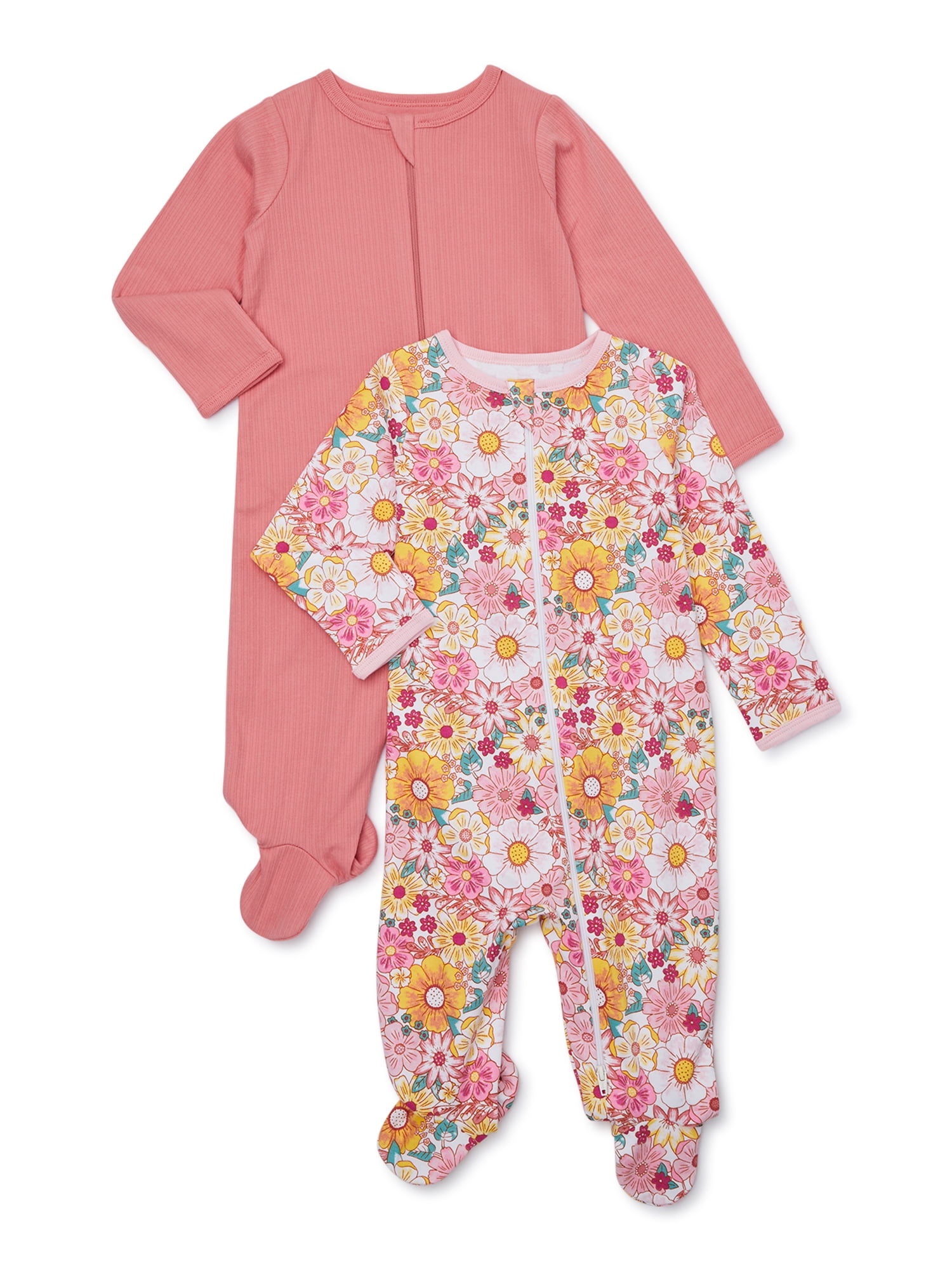 Wonder Nation Baby Girls Sleep N Play Footed Pajamas, 2Pack, Preemie 6/9M